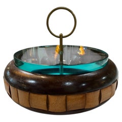 Vintage Mid-Century Wooden Box with Glass Lid & Brass Ring Handle