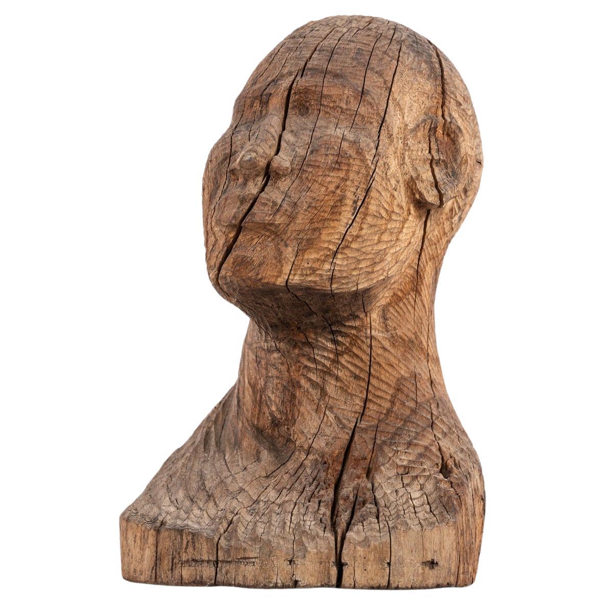Vintage Mid-Century Wooden Csrved Male Head Gentleman Bust Art For Sale