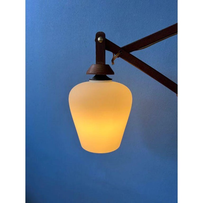 Vintage Mid Century Wooden Scissor Wall Lamp with Opaline Glass Shade