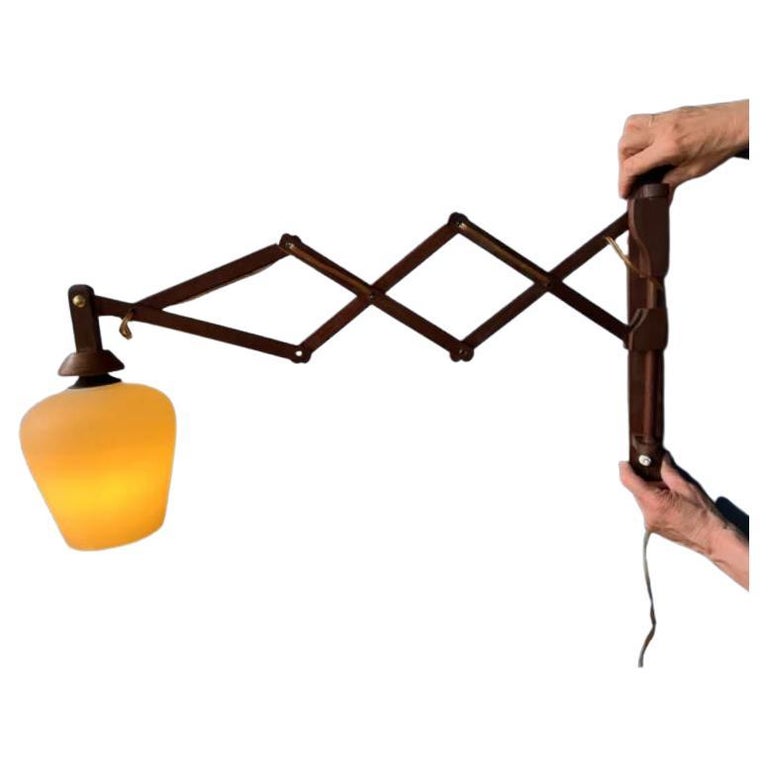 Vintage Mid Century Wooden Scissor Wall Lamp with Opaline Glass Shade