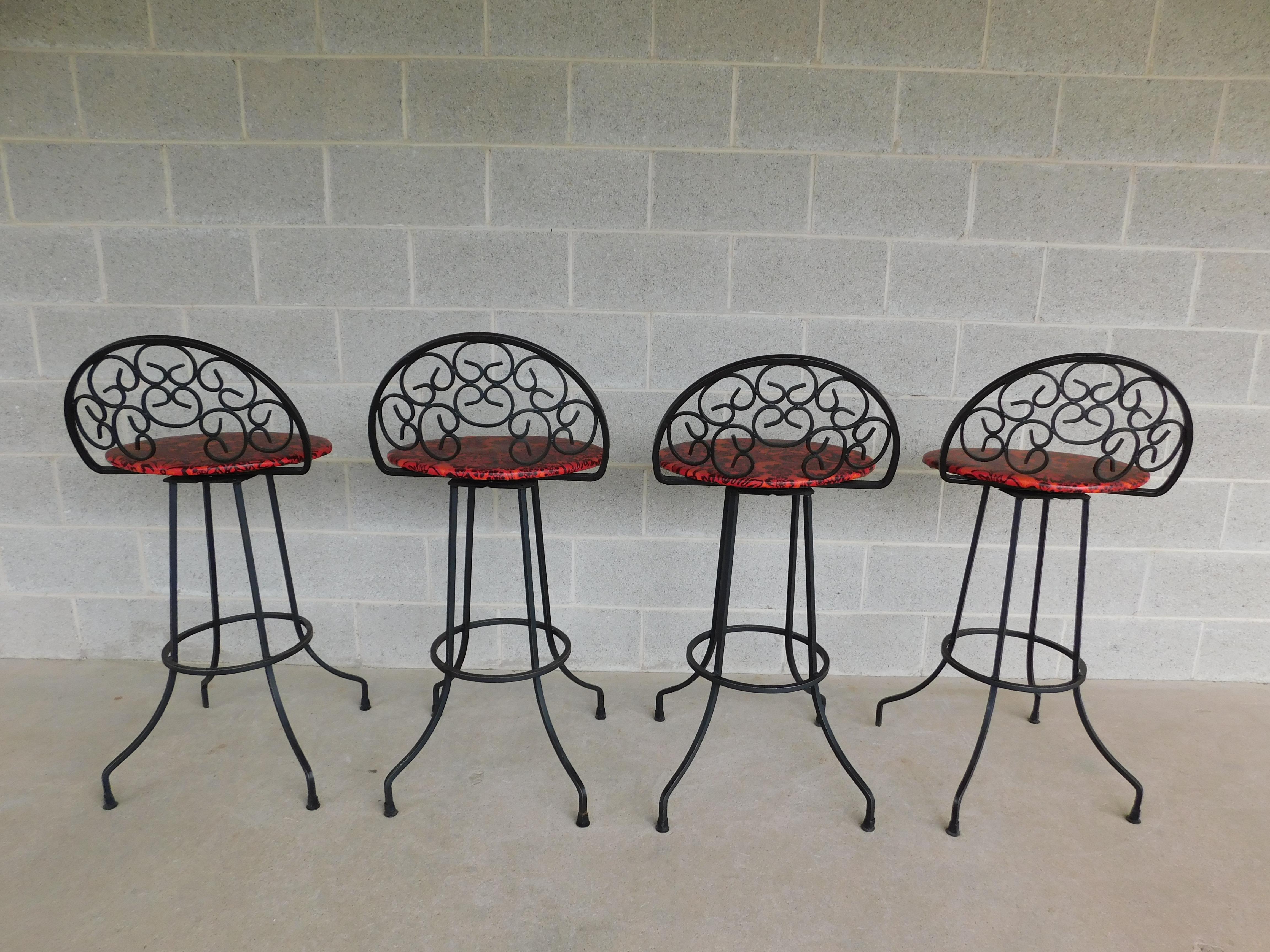 Vintage Mid-Century Wrought Iron Bar Stools Attributed to Authur Umanuff - Set 4 For Sale 5