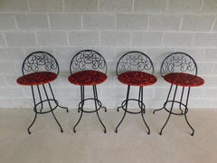 Vintage Mid-Century Wrought Iron Bar Stools Attributed to Authur Umanuff - Set 4