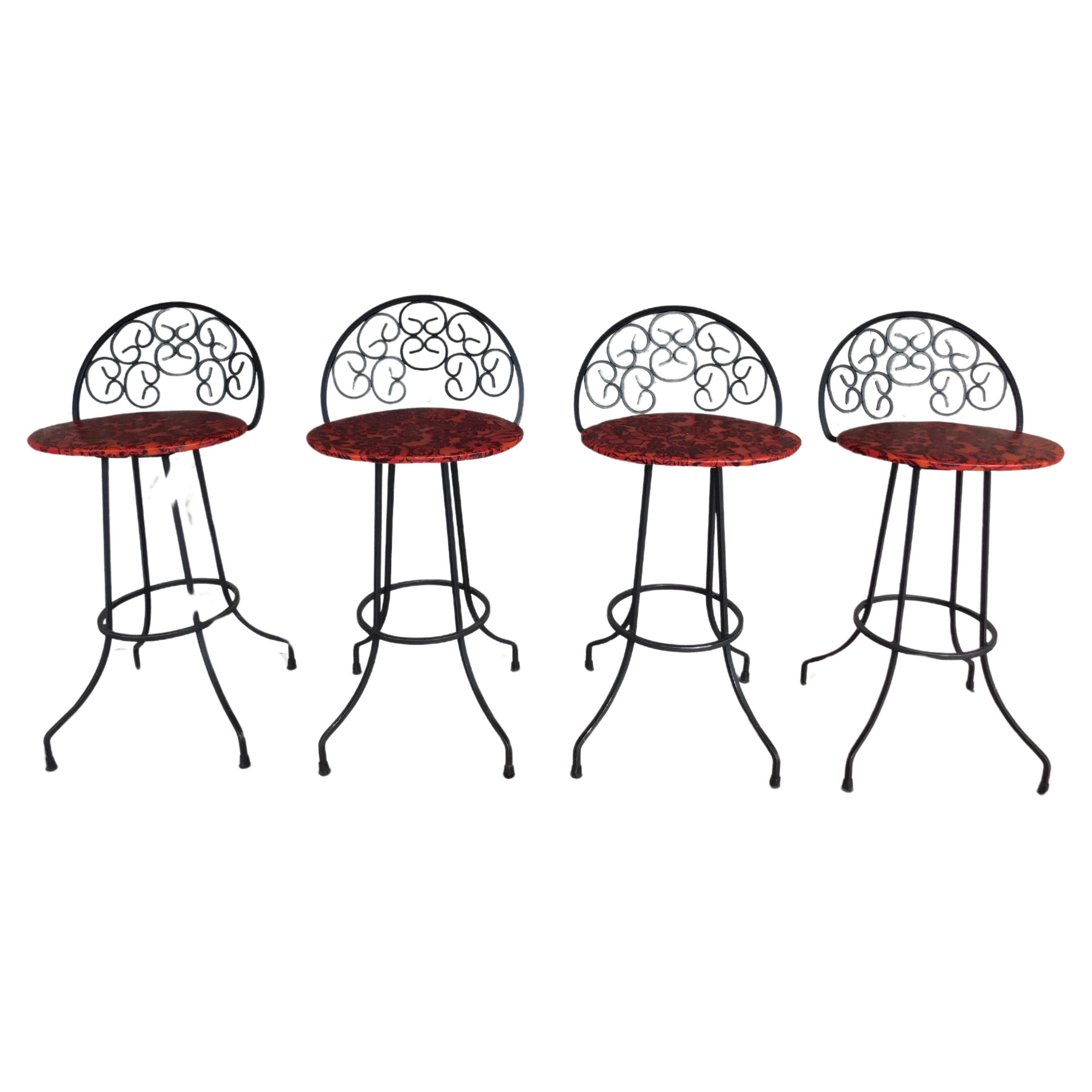 Vintage Mid-Century Wrought Iron Bar Stools Attributed to Authur Umanuff - Set 4 For Sale