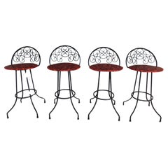 Vintage Mid-Century Wrought Iron Bar Stools Attributed to Authur Umanuff - Set 4