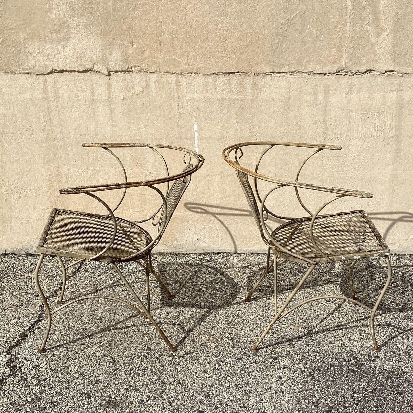 Vintage Mid Century Wrought Iron Barrel Back Garden Patio Dining Chairs - A Pair For Sale 7
