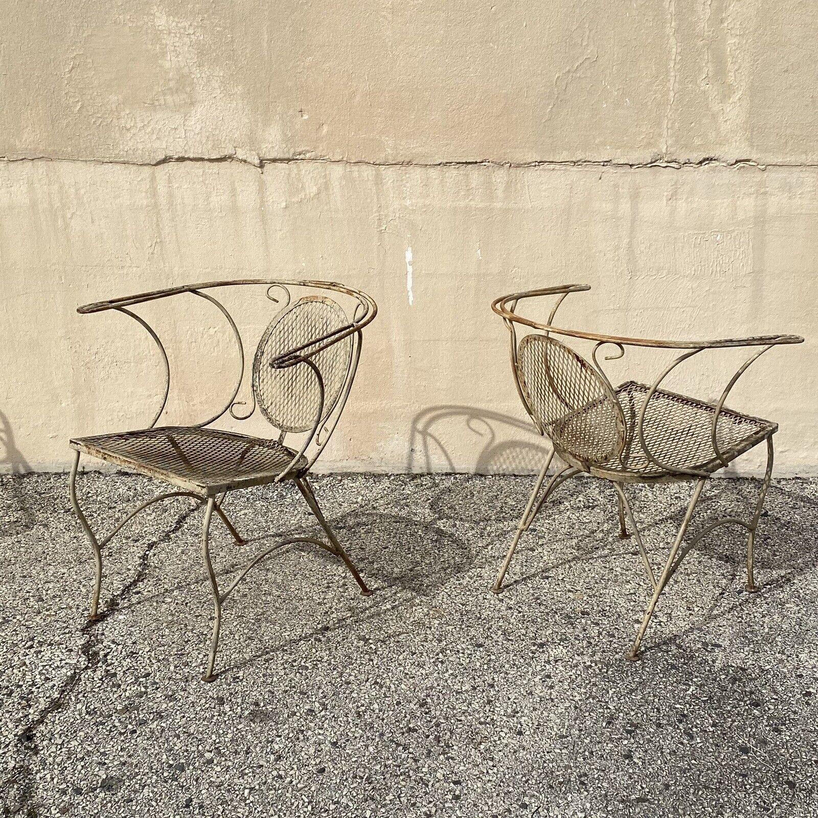 Vintage Mid Century Wrought Iron Barrel Back Garden Patio Chairs - a Pair. Circa Mid 20th Century. Measurements: 29