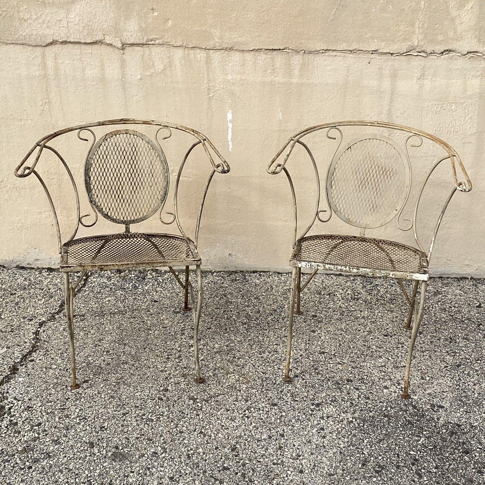 Mid-Century Modern Vintage Mid Century Wrought Iron Barrel Back Garden Patio Dining Chairs - A Pair For Sale