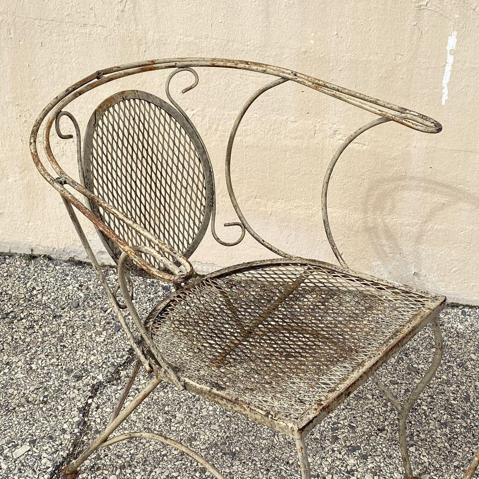 Vintage Mid Century Wrought Iron Barrel Back Garden Patio Dining Chairs - A Pair In Good Condition For Sale In Philadelphia, PA