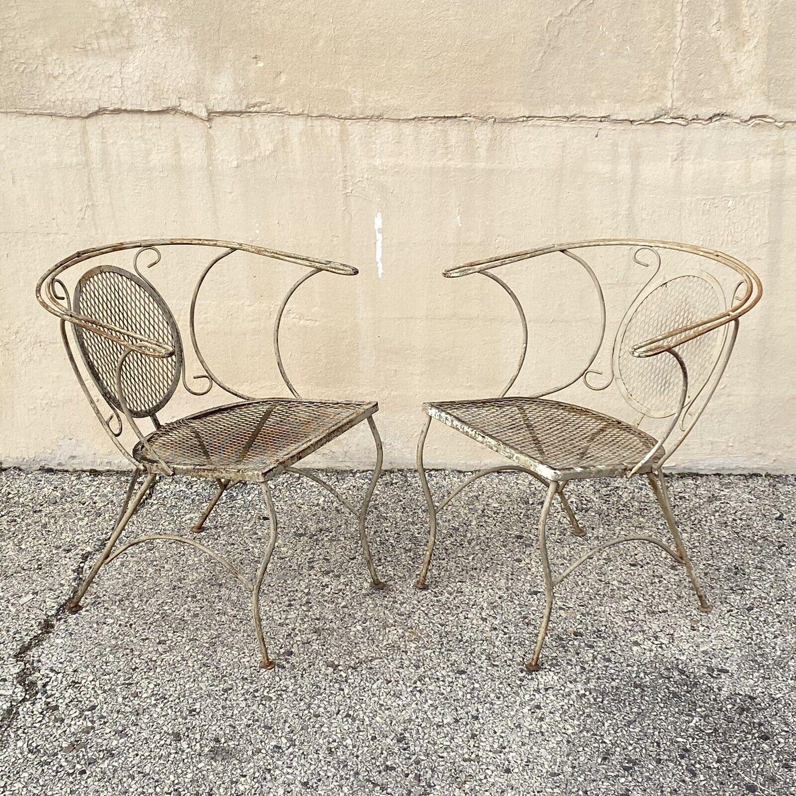Vintage Mid Century Wrought Iron Barrel Back Garden Patio Dining Chairs - A Pair For Sale 4