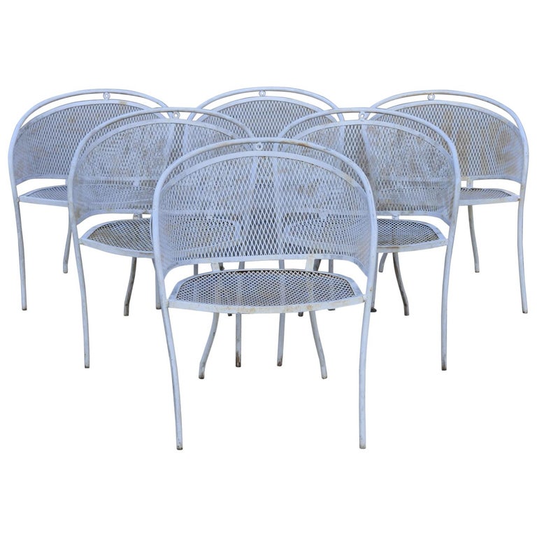 Vintage Midcentury Wrought Iron Barrel Back Patio Dining Armchairs Set Of 6 For At 1stdibs Vintage Midcentury Wrought Iron Barrel, Wrought Iron Patio Chair Sets