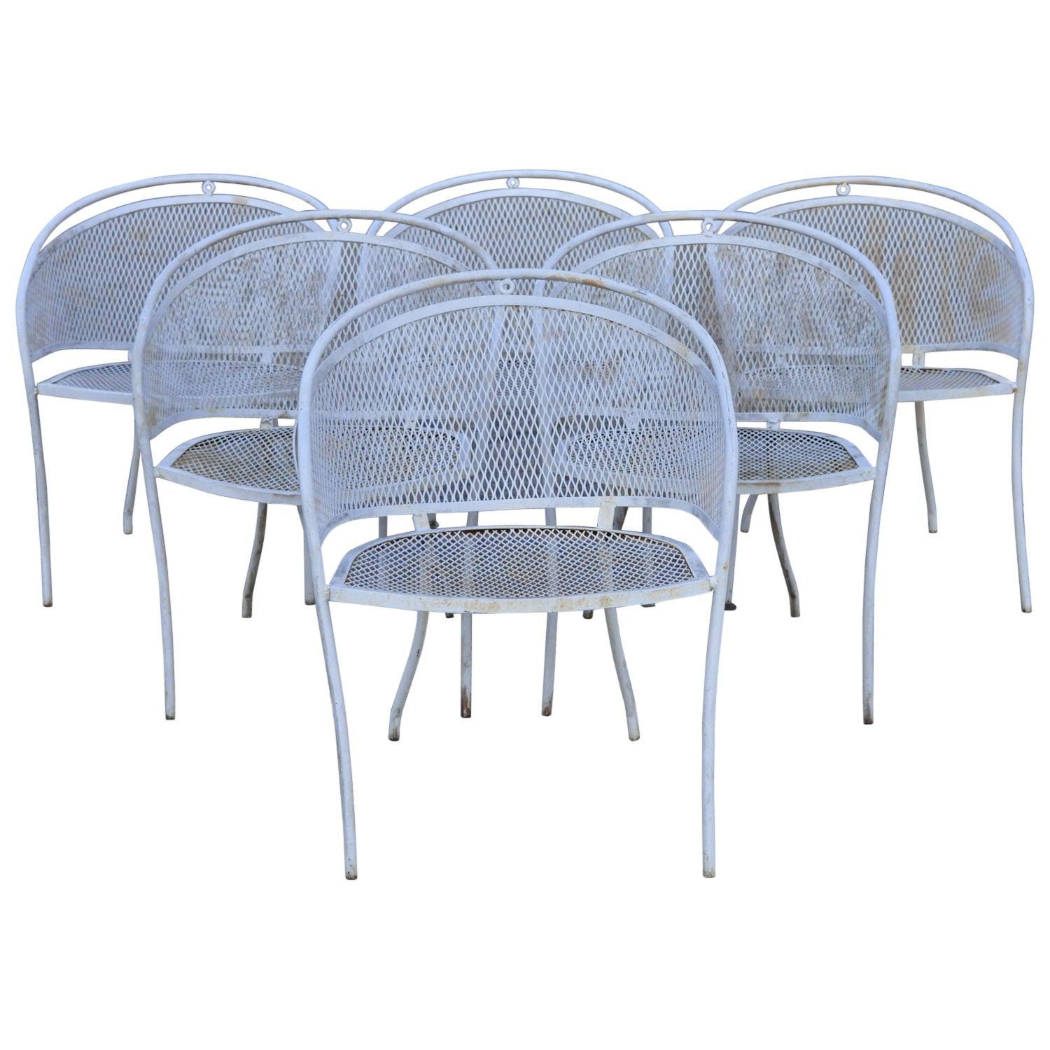 Vintage Mid Century Wrought Iron Barrel Back Patio Dining Armchairs, Set of 6 For Sale