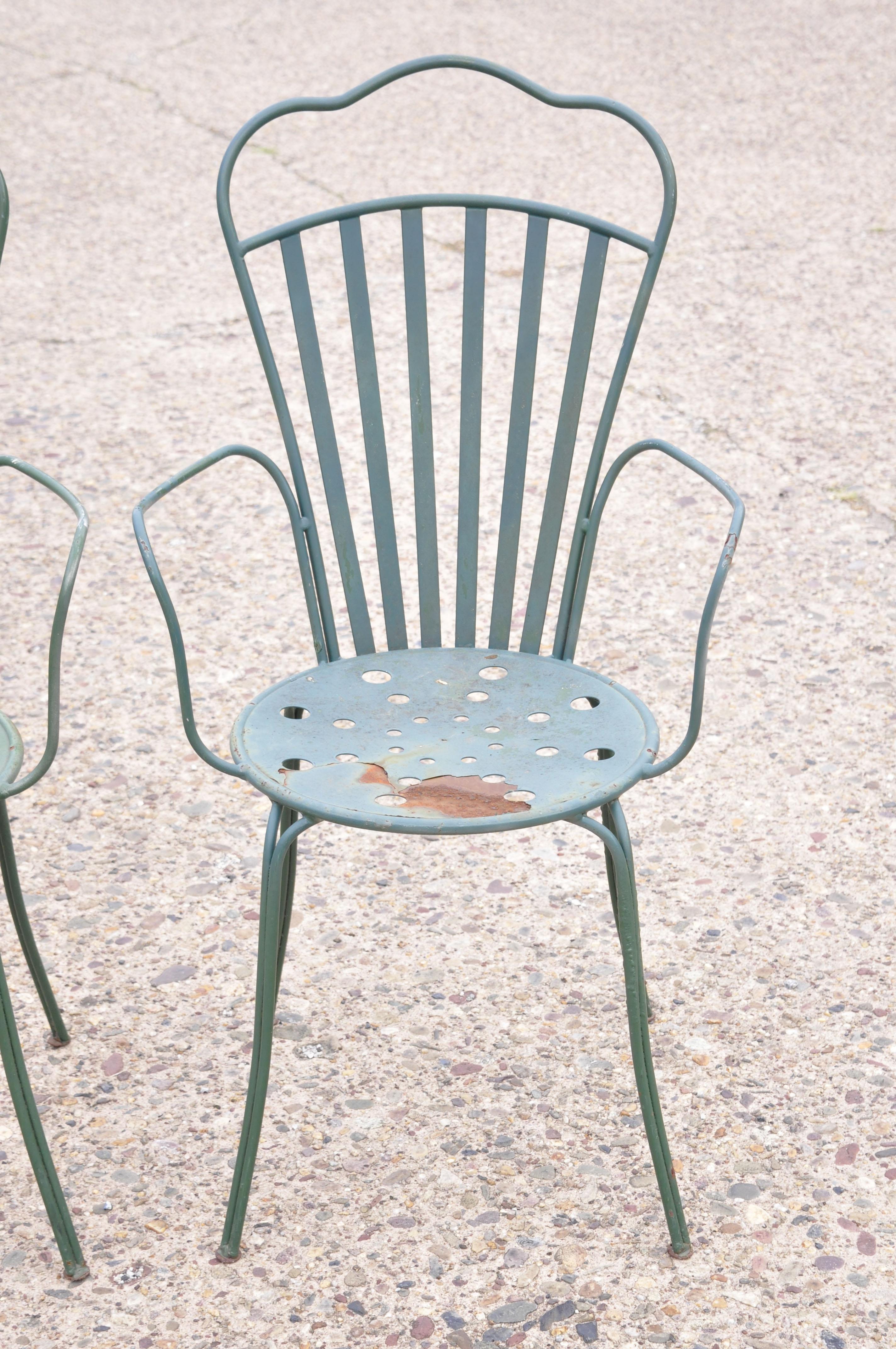North American Vintage Mid Century Wrought Iron Fan Back Garden Patio Dining Chairs, Set of 4