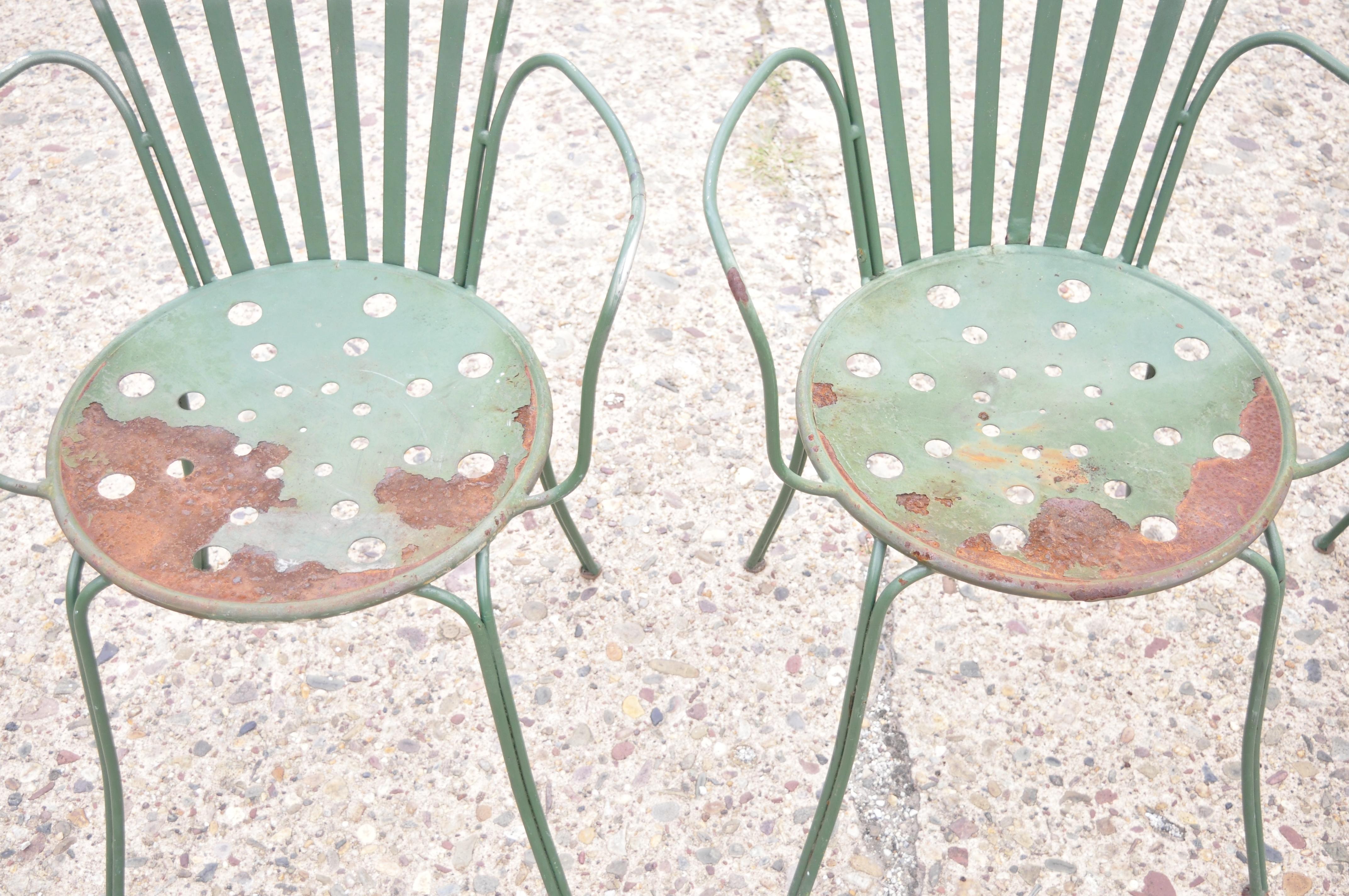 20th Century Vintage Mid Century Wrought Iron Fan Back Garden Patio Dining Chairs, Set of 4