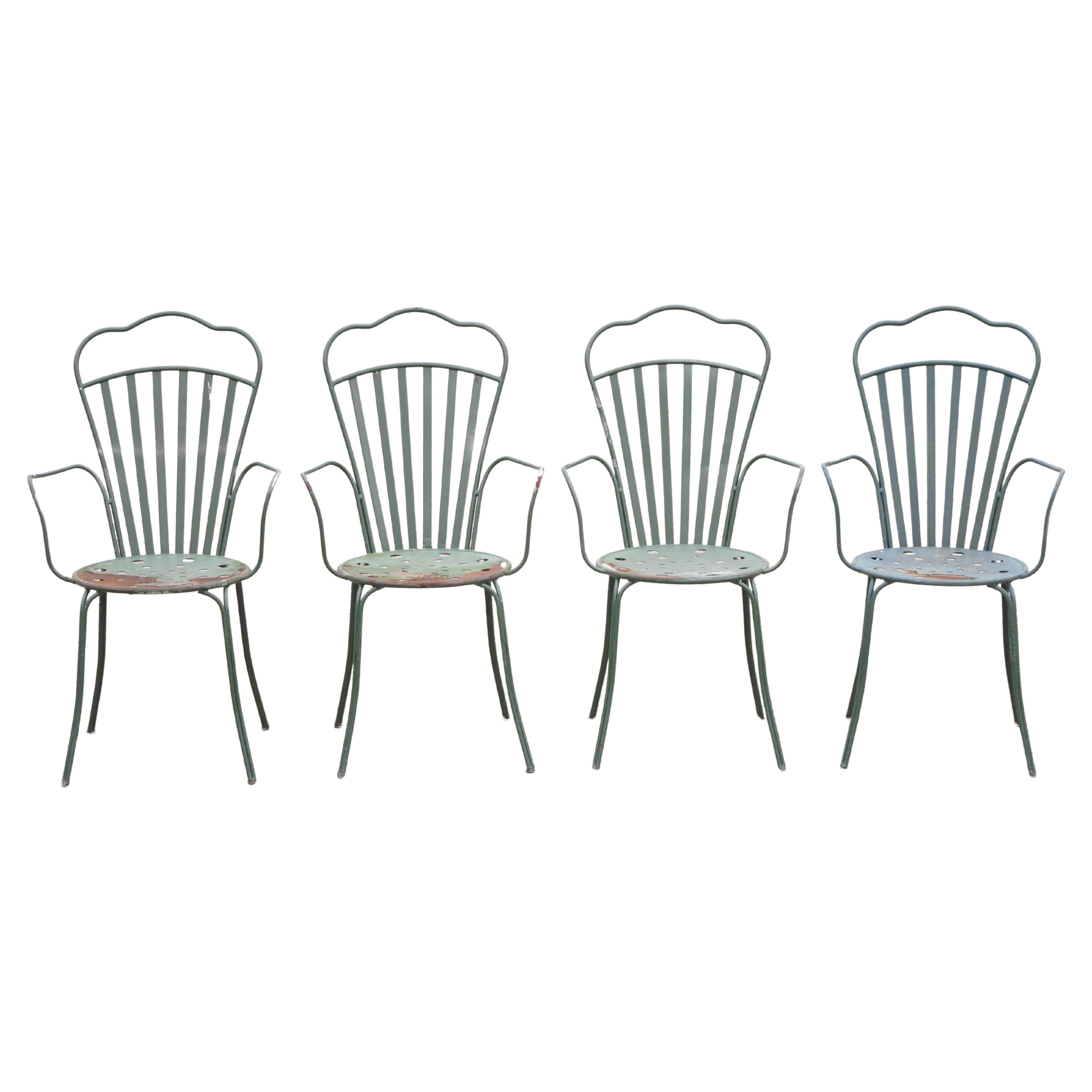 Vintage Mid Century Wrought Iron Fan Back Garden Patio Dining Chairs, Set of 4
