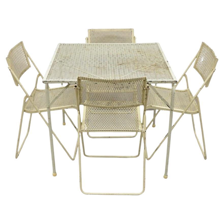 Vintage Mid Century Wrought Iron Industrial Folding Card Game Table Set 5 Pc Set For Sale