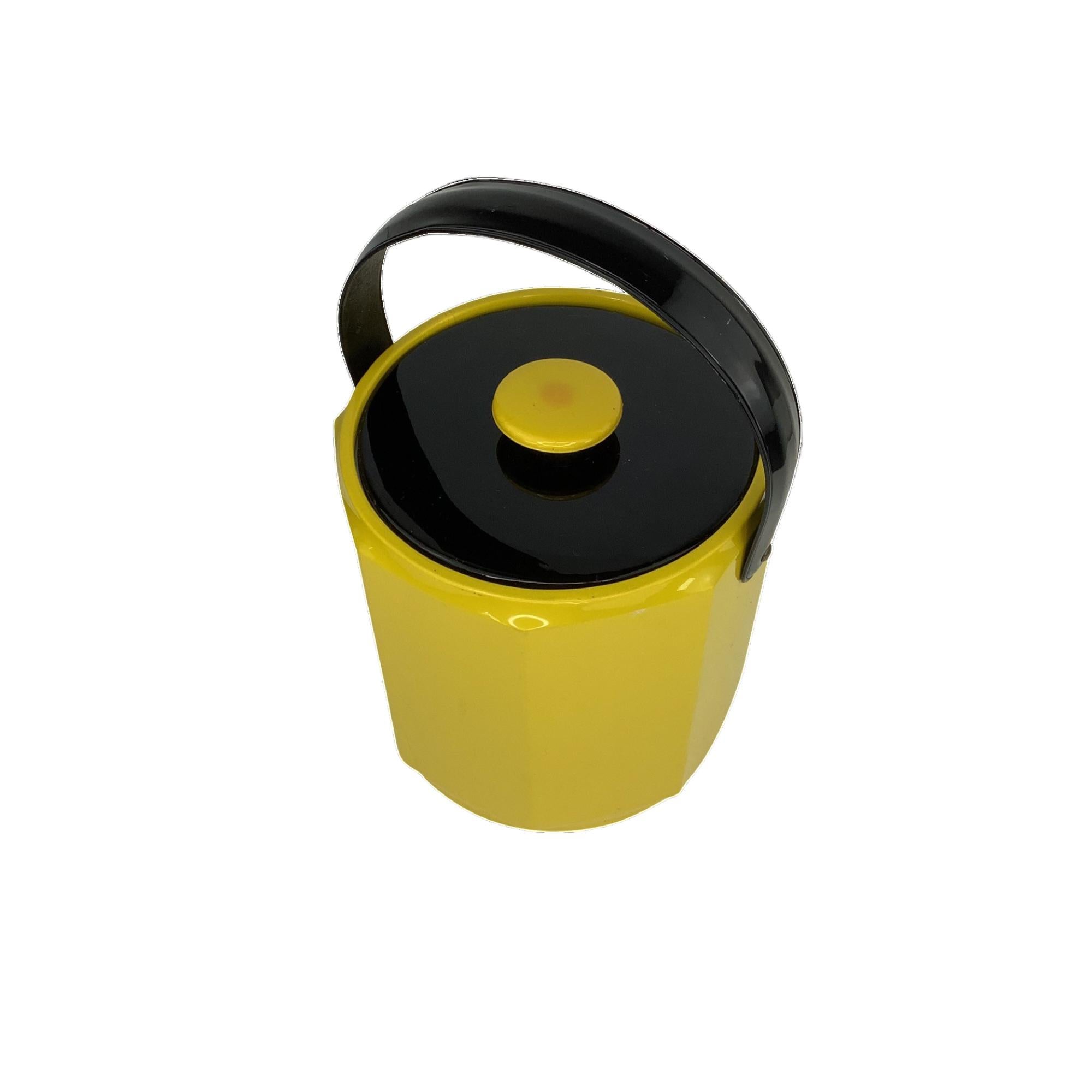 Vintage Hexagonal form Mid Century Vinyl Wrapped Ice Bucket in Vibrant Yellow and Black.