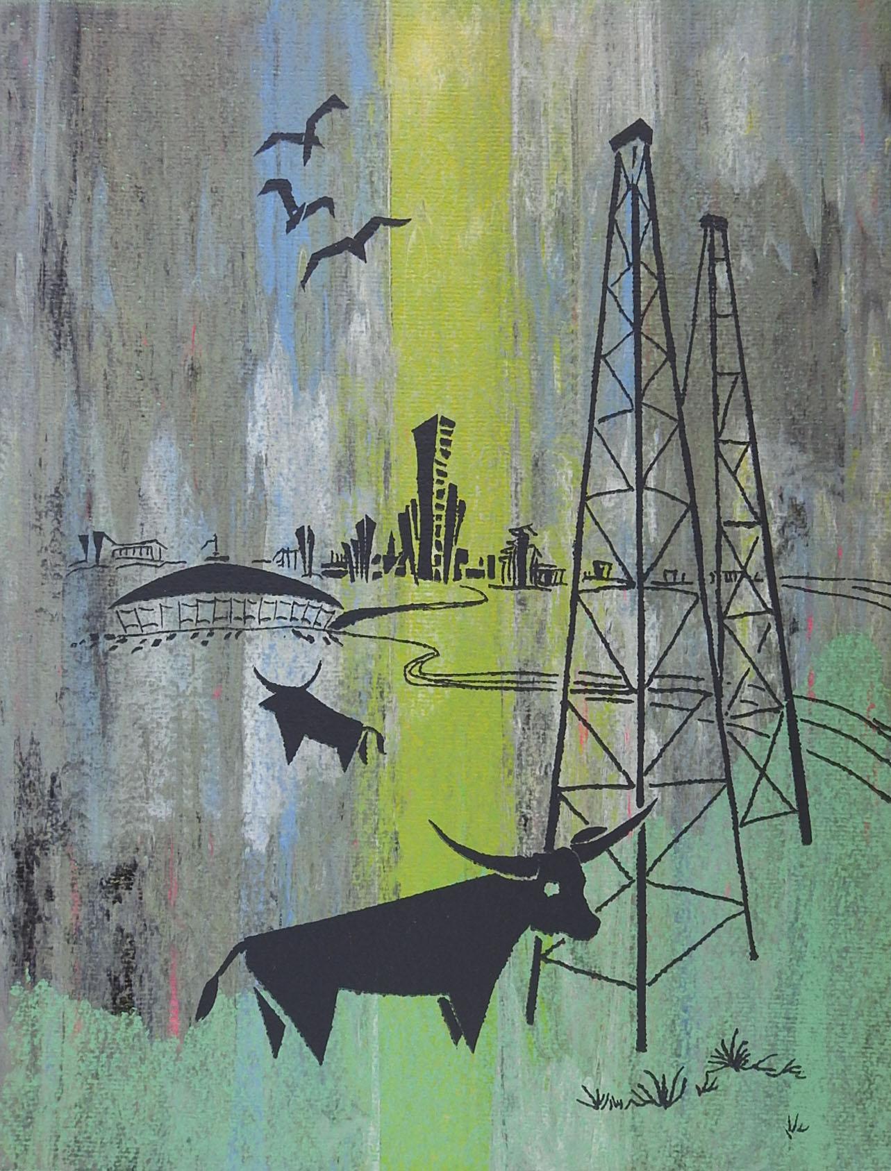 Vintage mid-20th century serigraph on paper of Houston Astro Dome, oil wells and longhorn cattle. Images in black over yellow, green & turquoise hand colored paper. We have several color variation of this same image listed. Unsigned. Unframed.