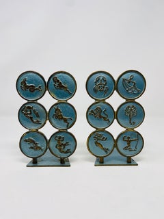 Vintage Mid-Century Zodiac Brass Bookend Pair