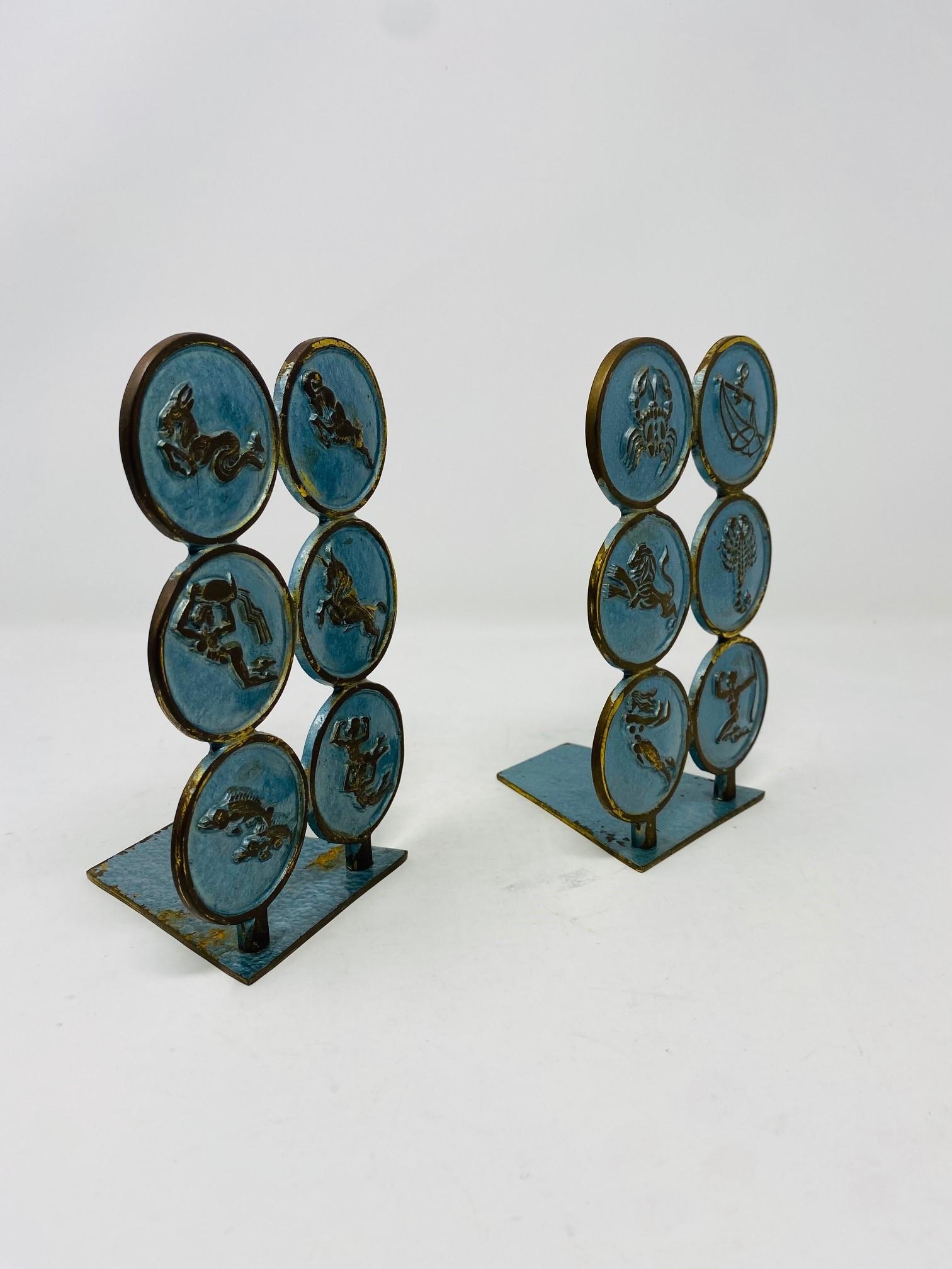 Hand-Crafted Vintage Mid-Century Zodiac Brass Bookend Pair