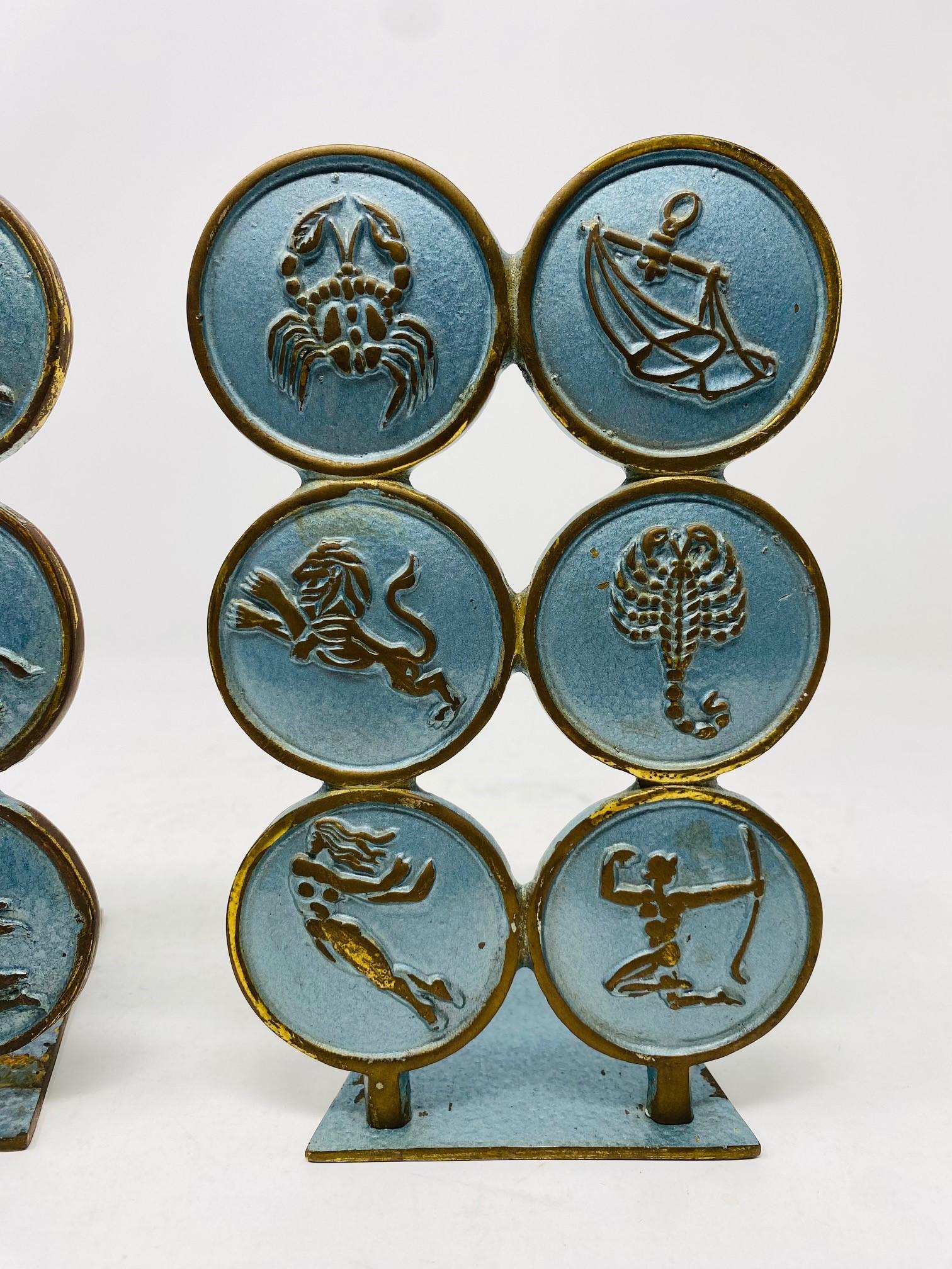 Mid-20th Century Vintage Mid-Century Zodiac Brass Bookend Pair