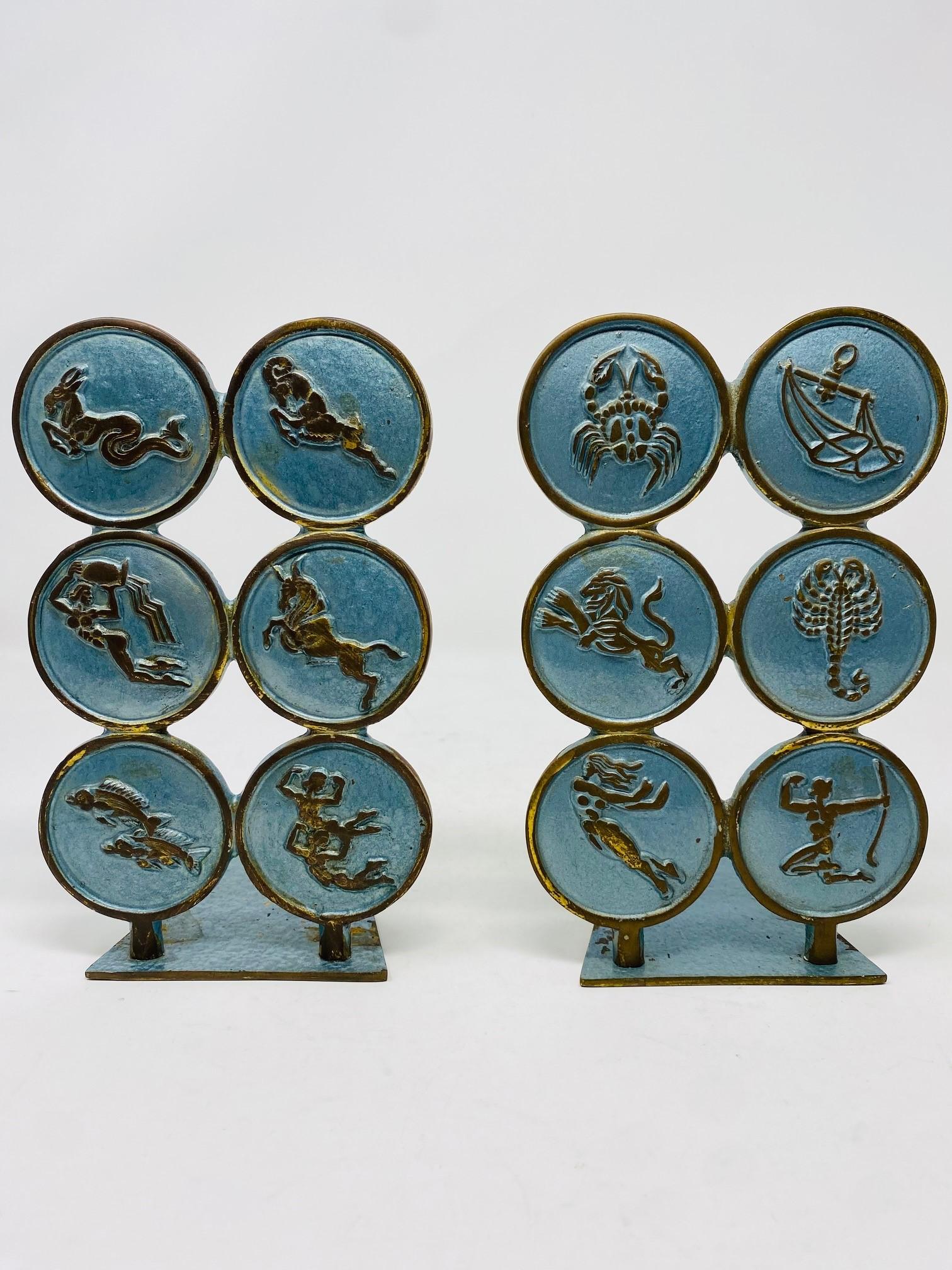 Vintage Mid-Century Zodiac Brass Bookend Pair 1