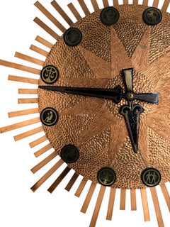 Vintage Mid-Century Zodiac Sign Brutalist Sunburst Starburst Copper Wall Clock