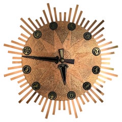 Vintage Mid-Century Zodiac Sign Brutalist Sunburst Starburst Copper Wall Clock
