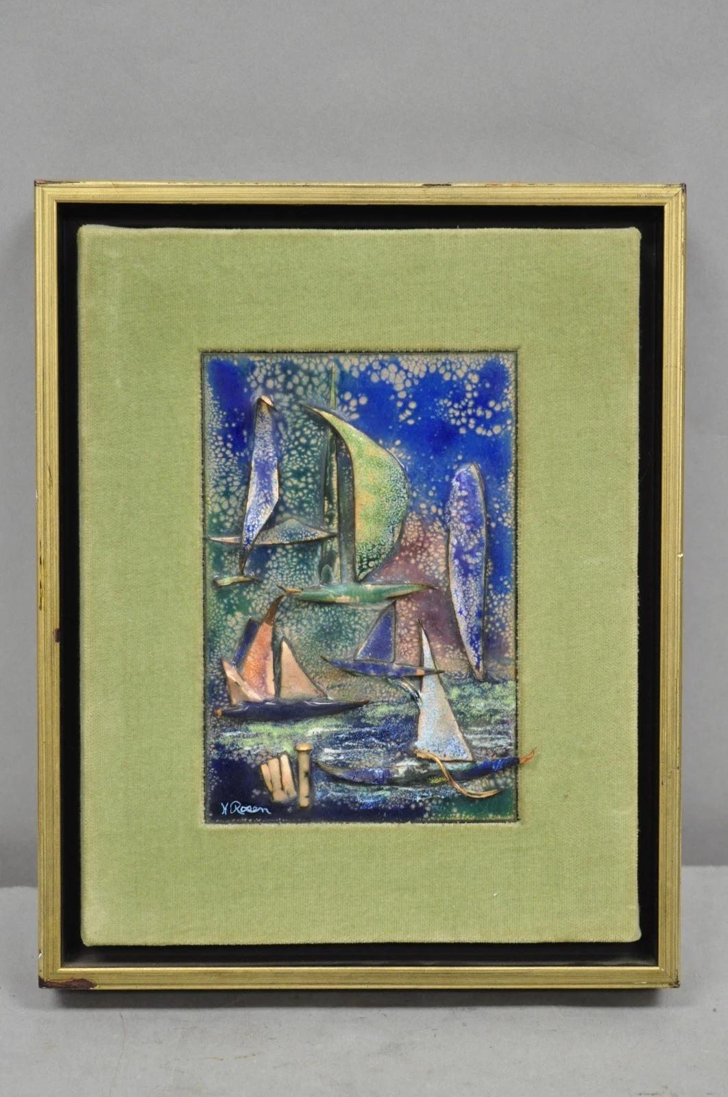 Vintage Mid Centuy Modern Enameled Copper Clipper Ship Art Painting by M. Rosen im Angebot 6