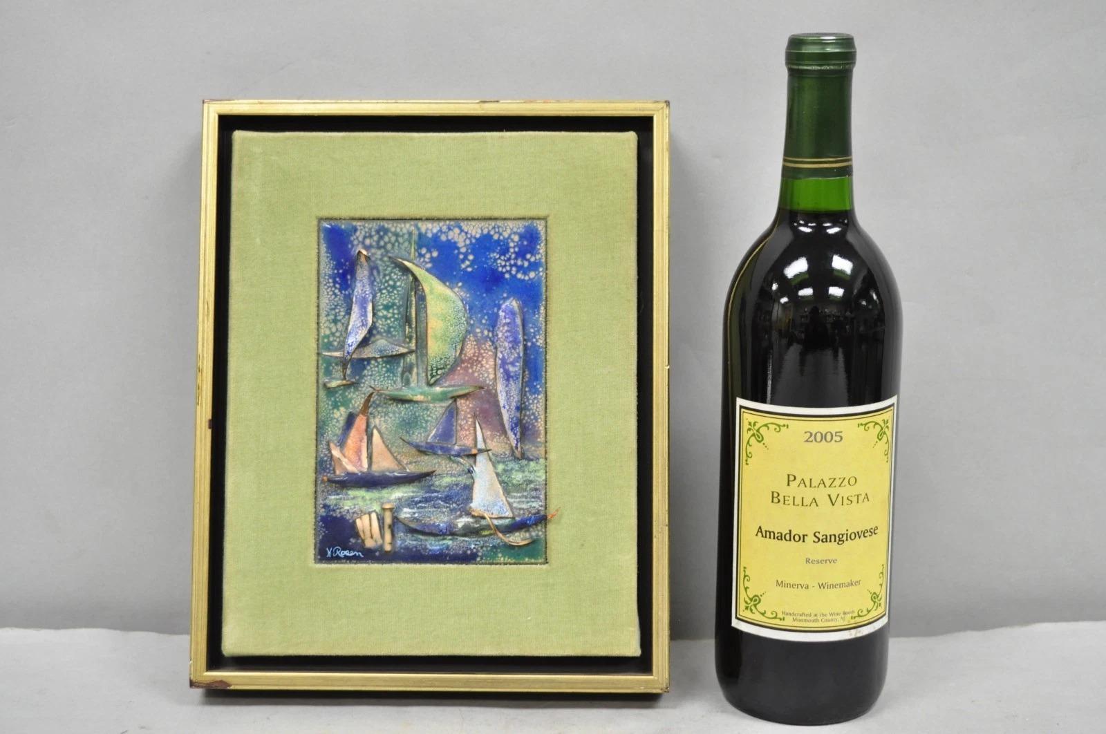 Vintage Mid Centuy Modern Brutalist Enameled Copper Clipper Ship Art Painting by M. Rosen. Circa Mid 20th Century. Measurements: 10.25