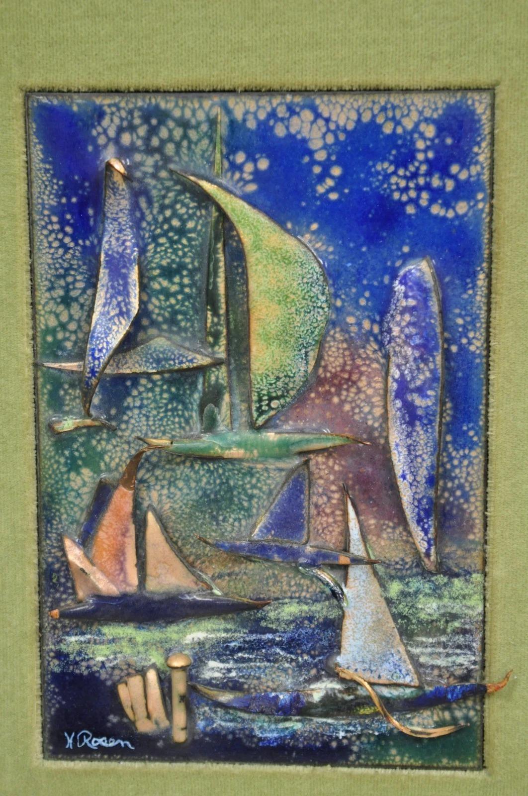 Vintage Mid Centuy Modern Enameled Copper Clipper Ship Art Painting by M. Rosen (Moderne der Mitte des Jahrhunderts) im Angebot