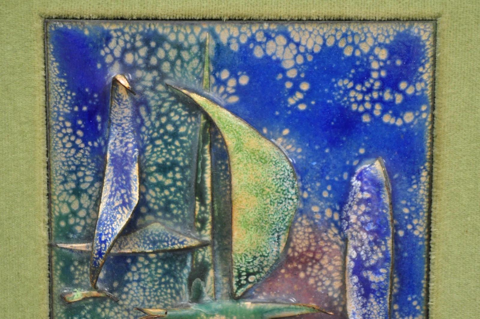 Vintage Mid Centuy Modern Enameled Copper Clipper Ship Art Painting by M. Rosen im Zustand „Gut“ im Angebot in Philadelphia, PA