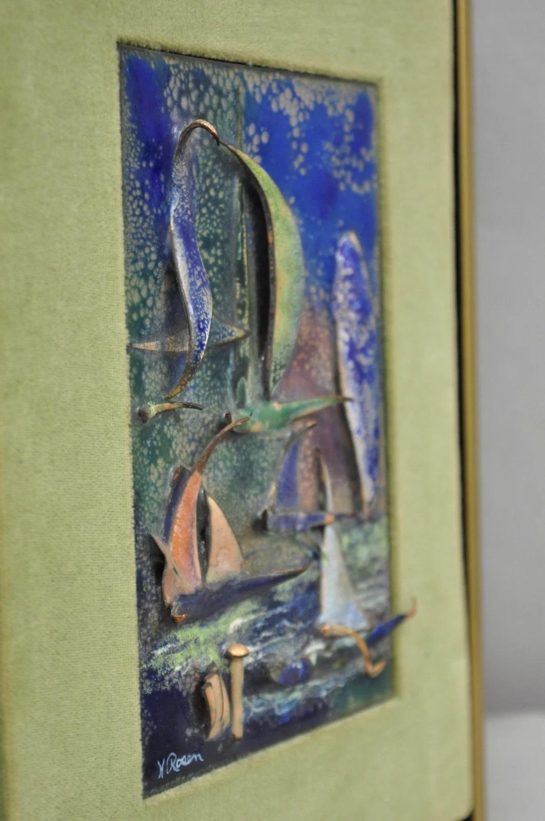 Vintage Mid Centuy Modern Enameled Copper Clipper Ship Art Painting by M. Rosen im Angebot 1