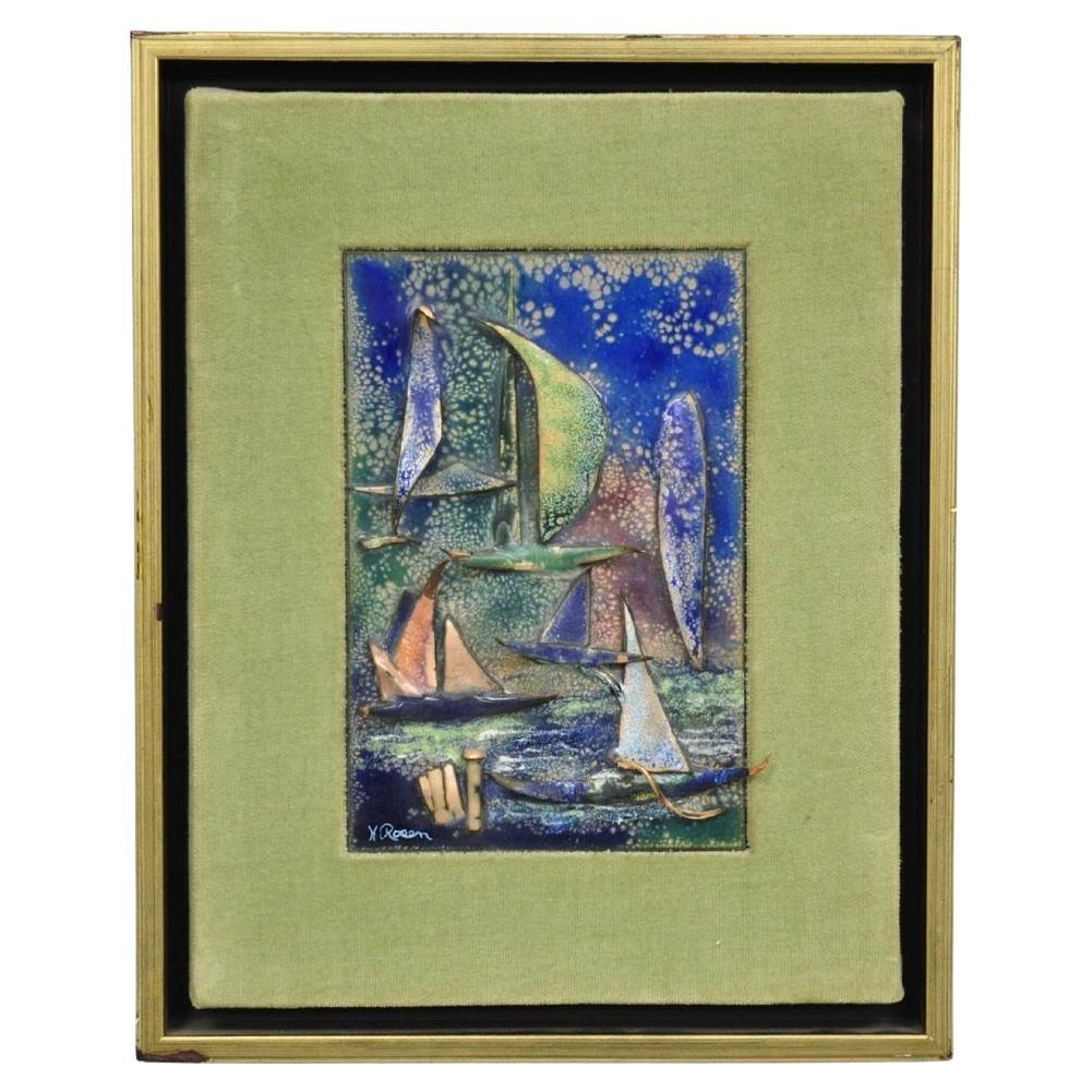 Vintage Mid Centuy Modern Enameled Copper Clipper Ship Art Painting by M. Rosen im Angebot