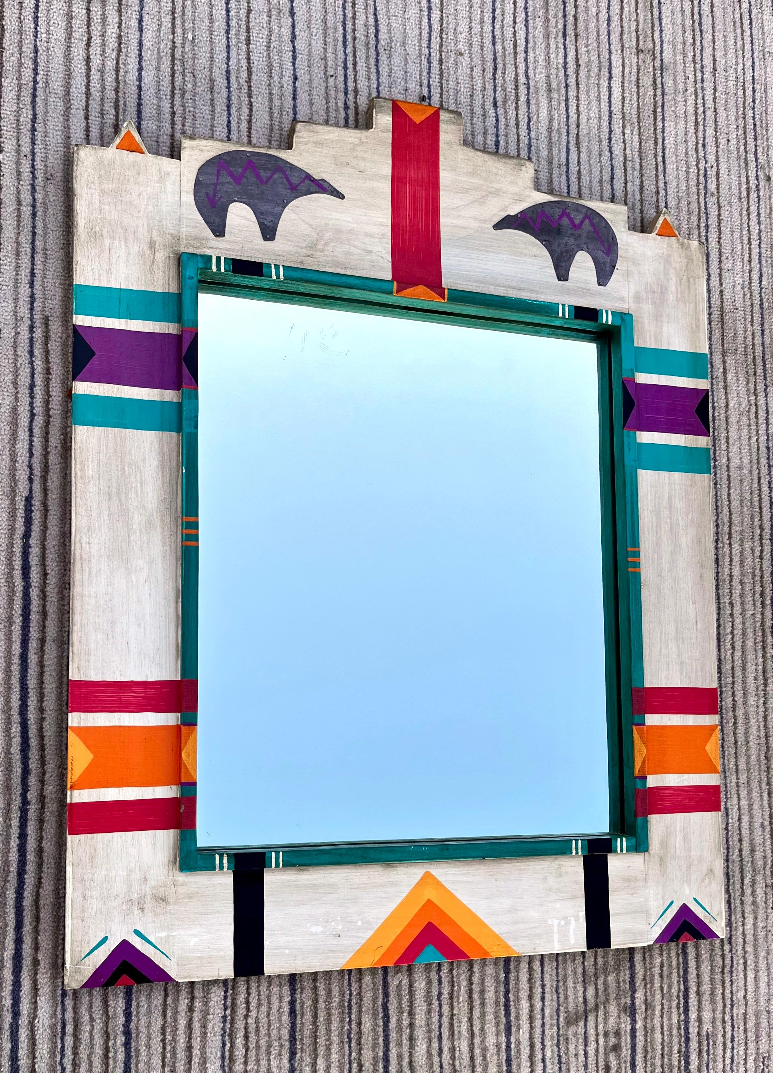 Americano Specchio da parete vintage di medie dimensioni ispirato alla Native American Art, circa anni '80 in vendita