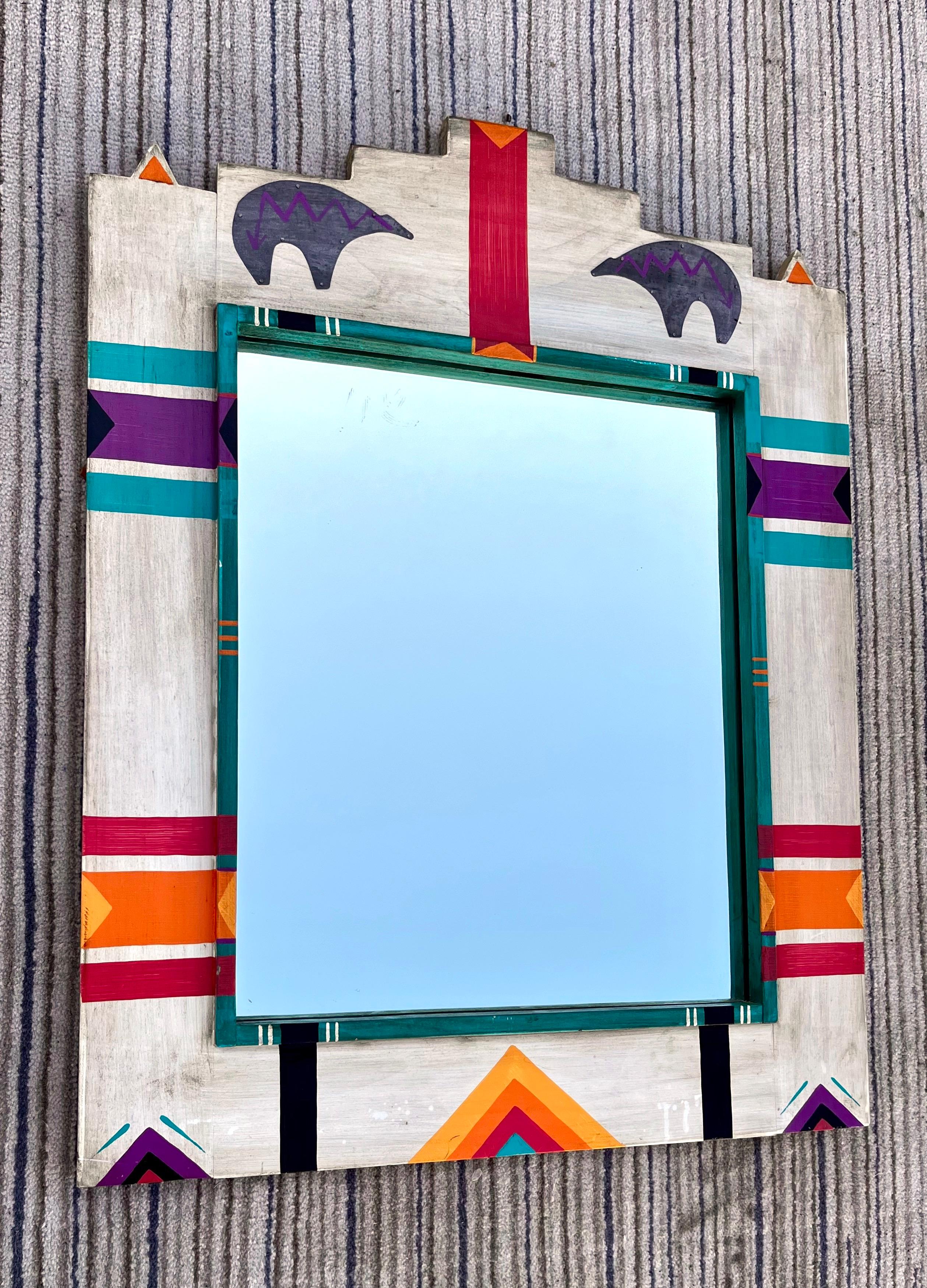 Vintage Mid Size Native American Art Inspired Wall Mirror, circa 1980s In Good Condition For Sale In Miami, FL