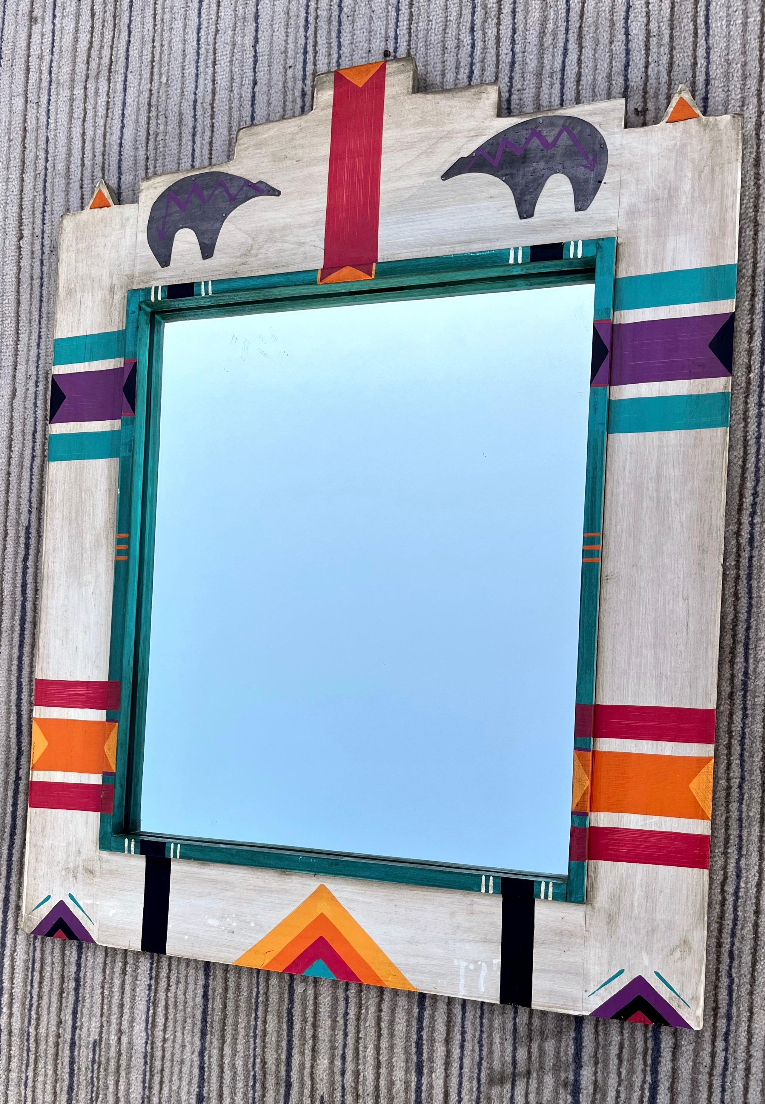 Late 20th Century Vintage Mid Size Native American Art Inspired Wall Mirror, circa 1980s For Sale