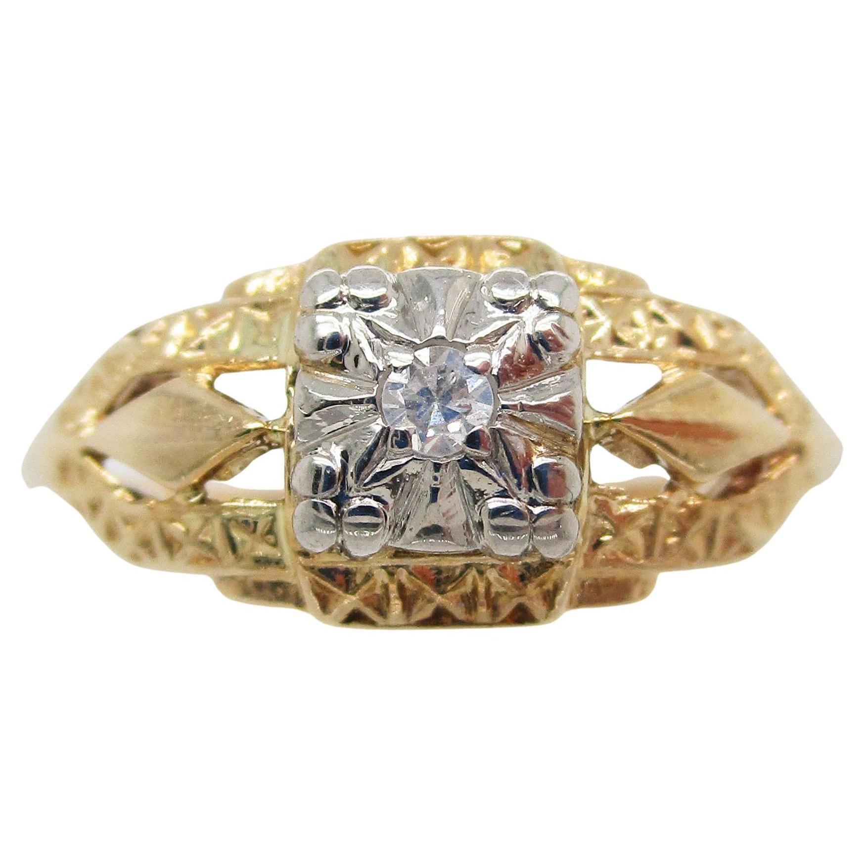 Bague de fiançailles vintage en or blanc et jaune 14 carats avec diamants, milieu du siècle dernier