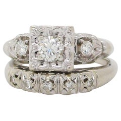 Retro Midcentury 14 Karat White Gold Diamond Wedding Set