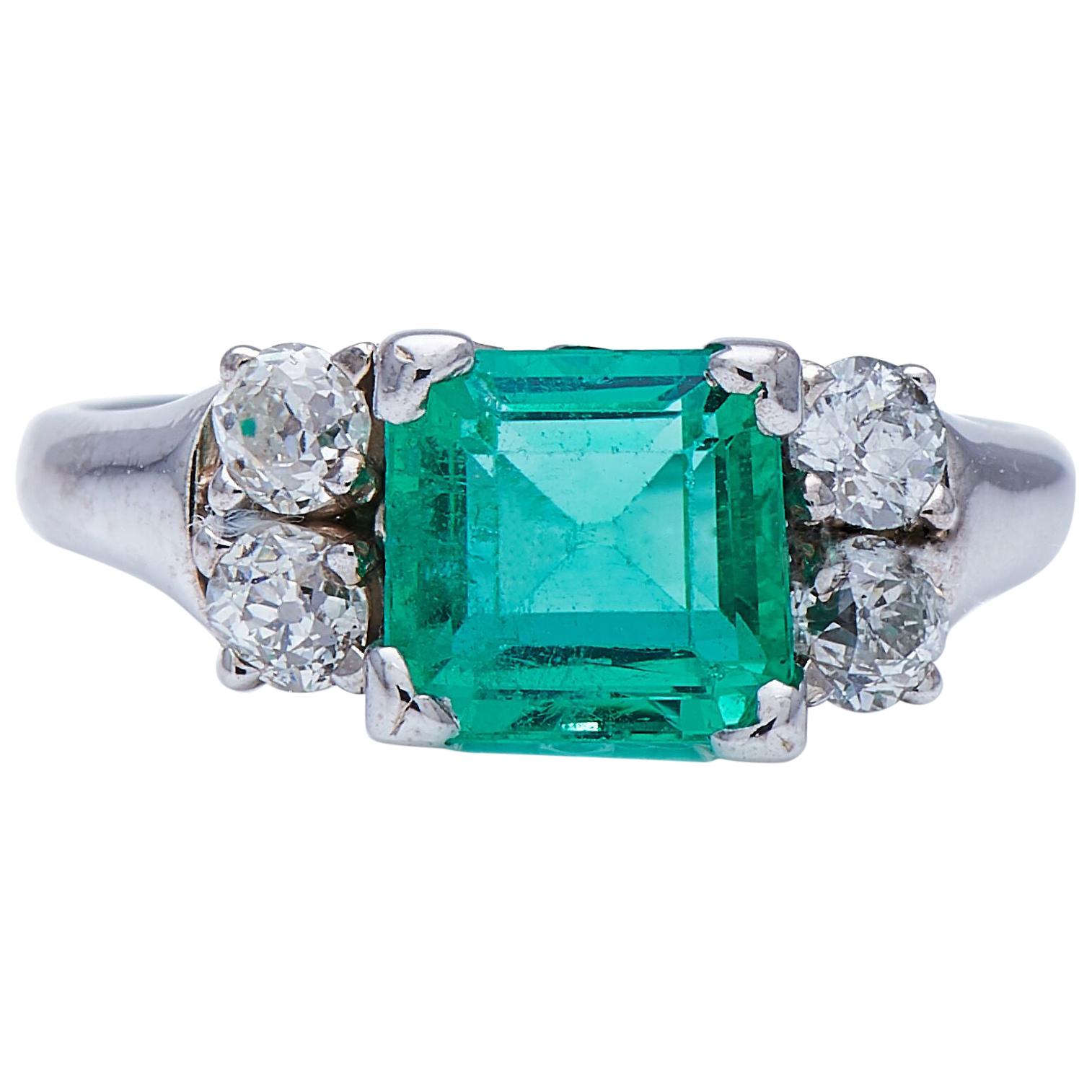 Vintage Midcentury, 14ct White Gold, Natural Colombian Emerald and Diamond Ring For Sale