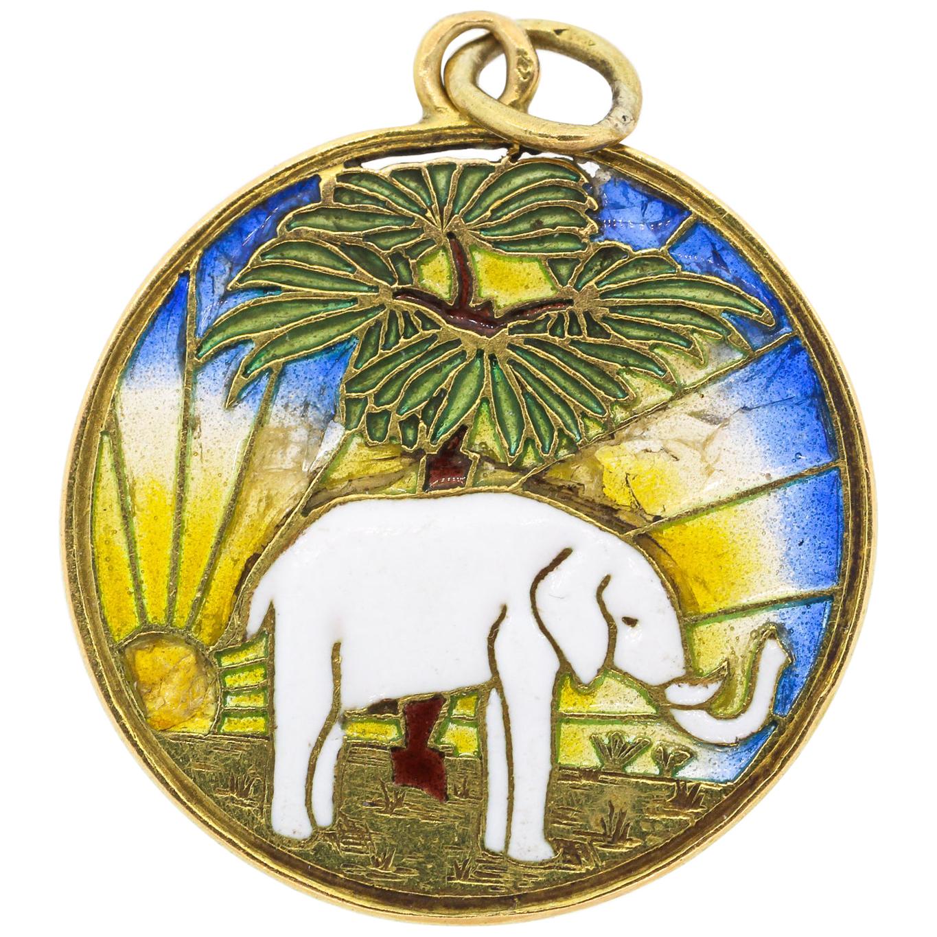 Vintage Midcentury 18 Karat Gold Plique-à-Jour Enamel Elephant Pendant Charm
