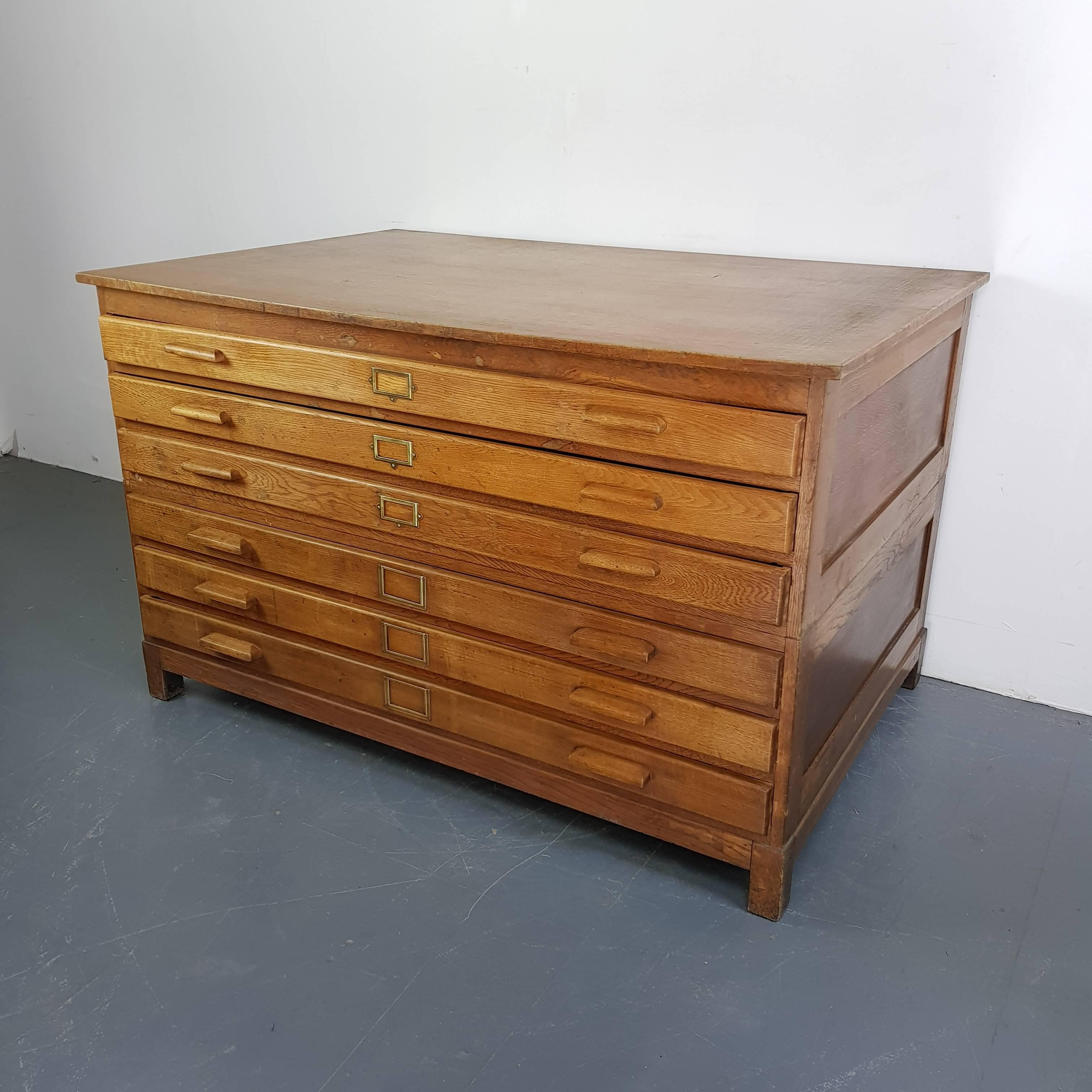 English Vintage Midcentury Six Drawer Plan Chest with Panelled Sides For Sale