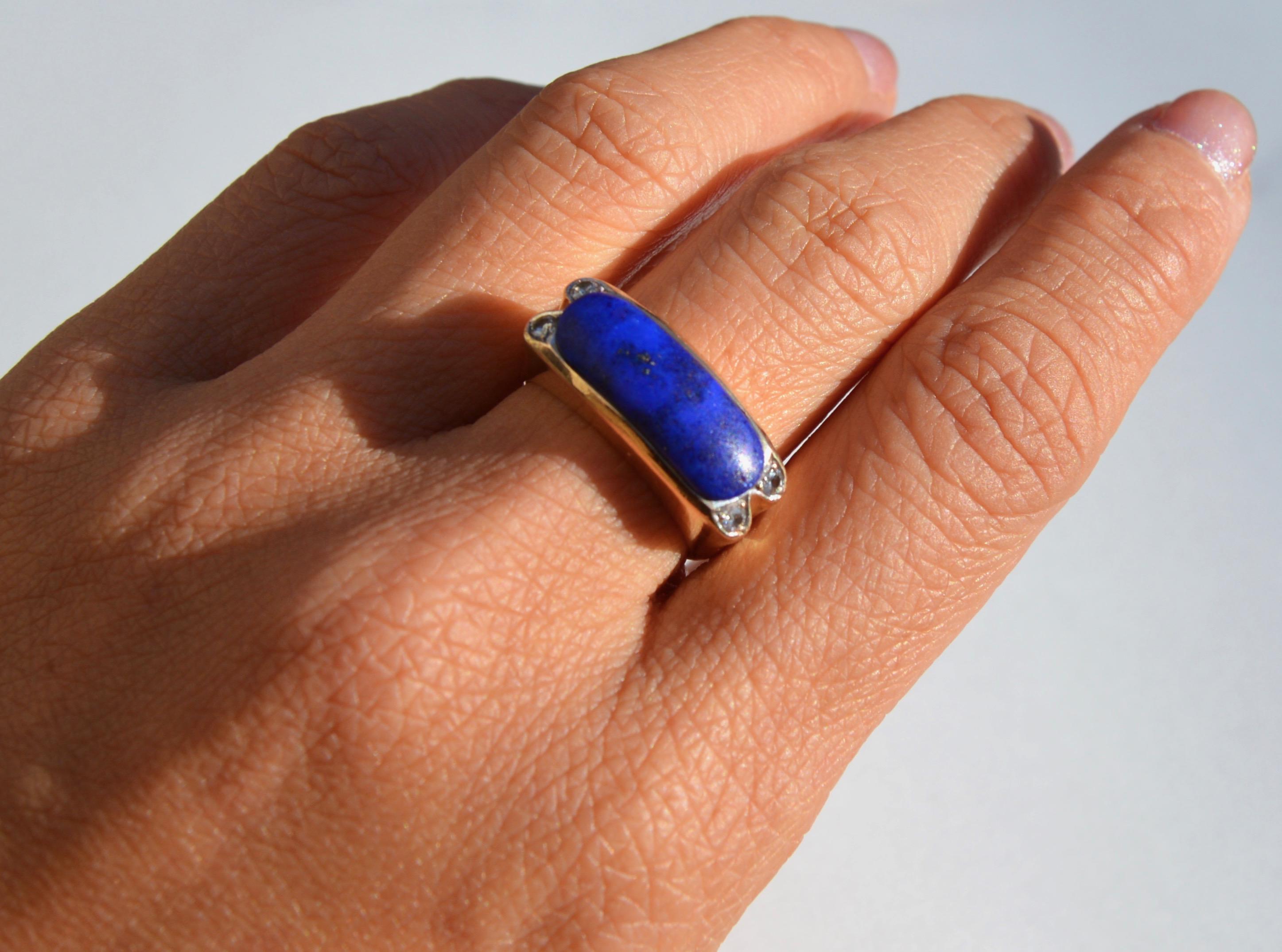 Women's or Men's Vintage Midcentury 9.13 Carat Lapis Lazuli East West Signet Diamond Ring