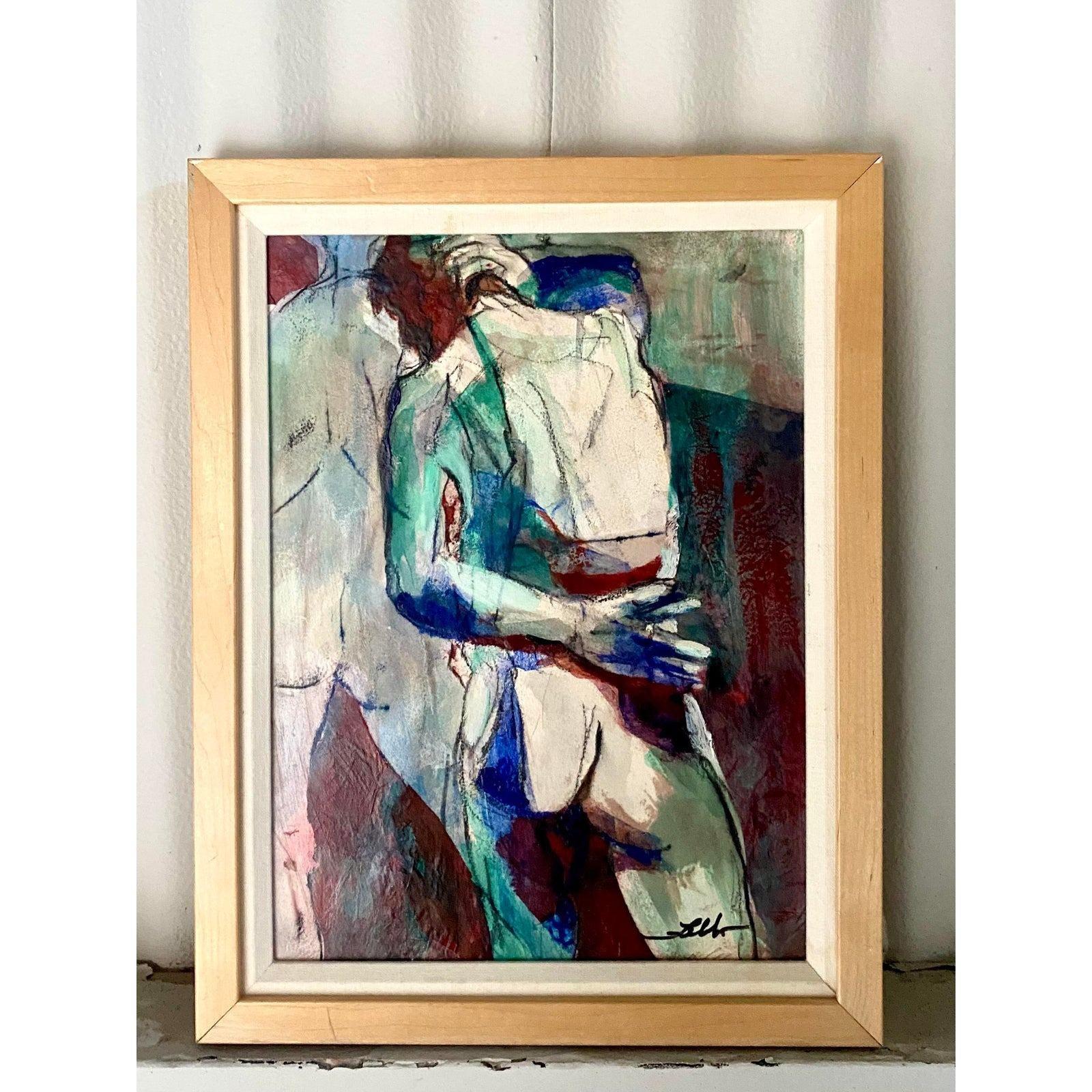 Fantastic Midcentury Abstract original oil painting. Signed by the artist Faldo. A beautiful composition of a male nude. Clear beautiful colors. Acquired from a Palm Beach estate.