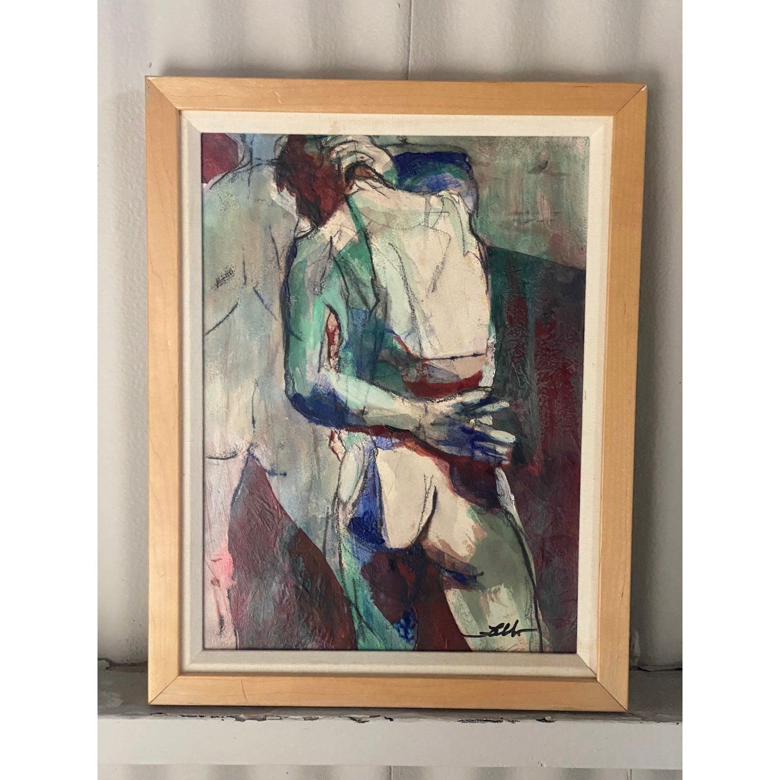 Other Vintage Midcentury Abstract Nude Original Oil Signed Faldo For Sale