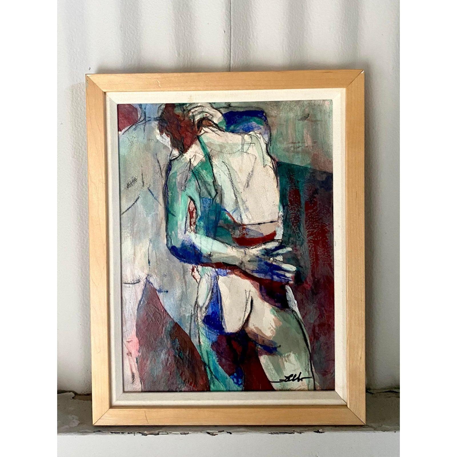 20th Century Vintage Midcentury Abstract Nude Original Oil Signed Faldo For Sale