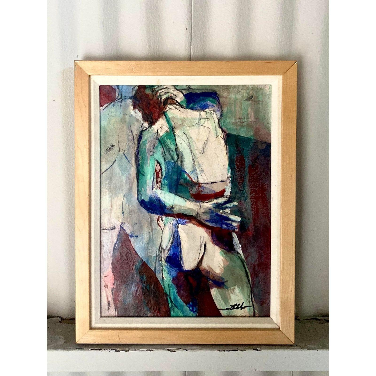 Canvas Vintage Midcentury Abstract Nude Original Oil Signed Faldo For Sale