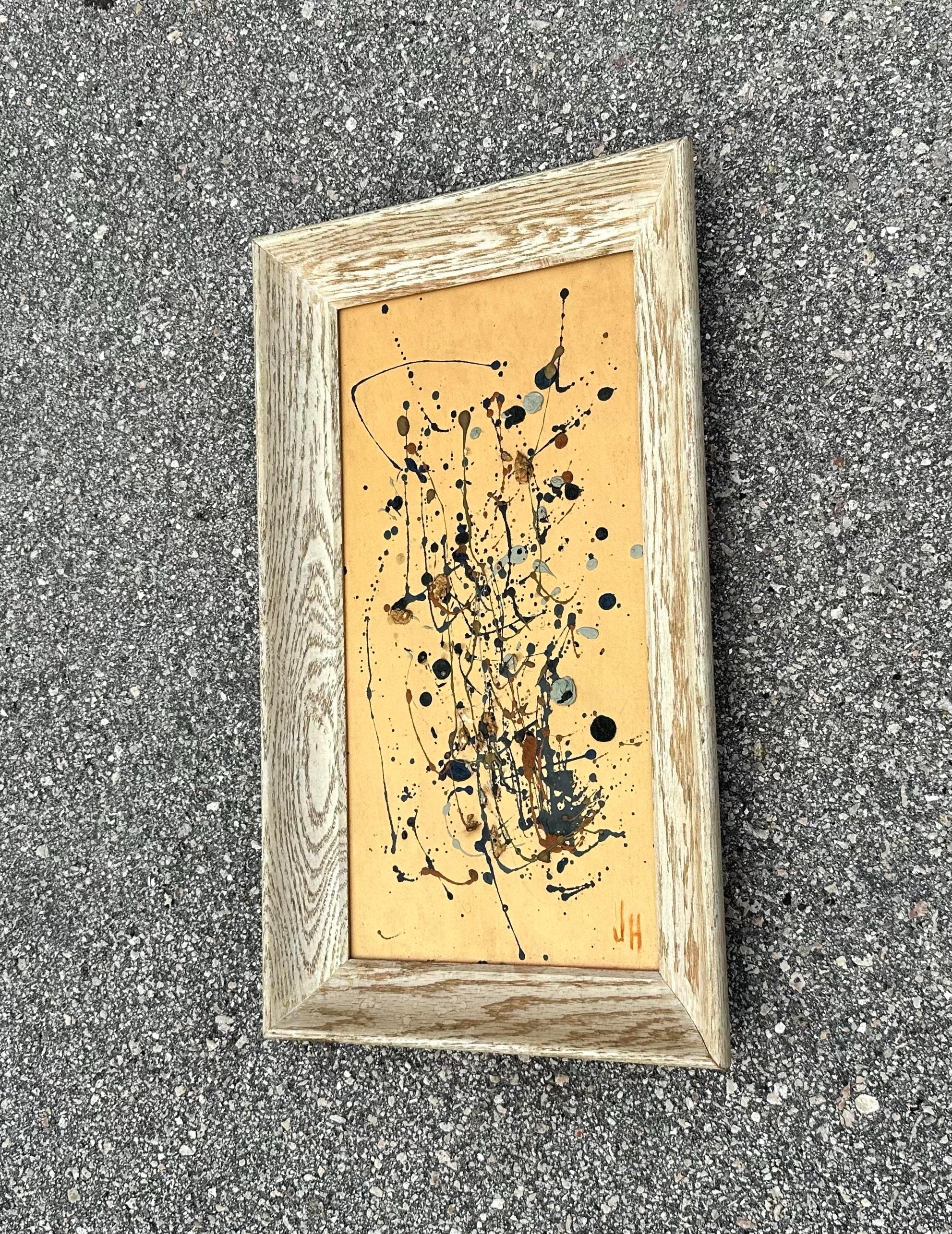 Questo splendido astratto è la perfetta aggiunta minimalista a uno spazio. L'abbronzatura tenue con vernice nera e multicolore schizzata sopra rende questo pezzo sottile e di buon gusto. Acquistato da una proprietà di Palm Beach.