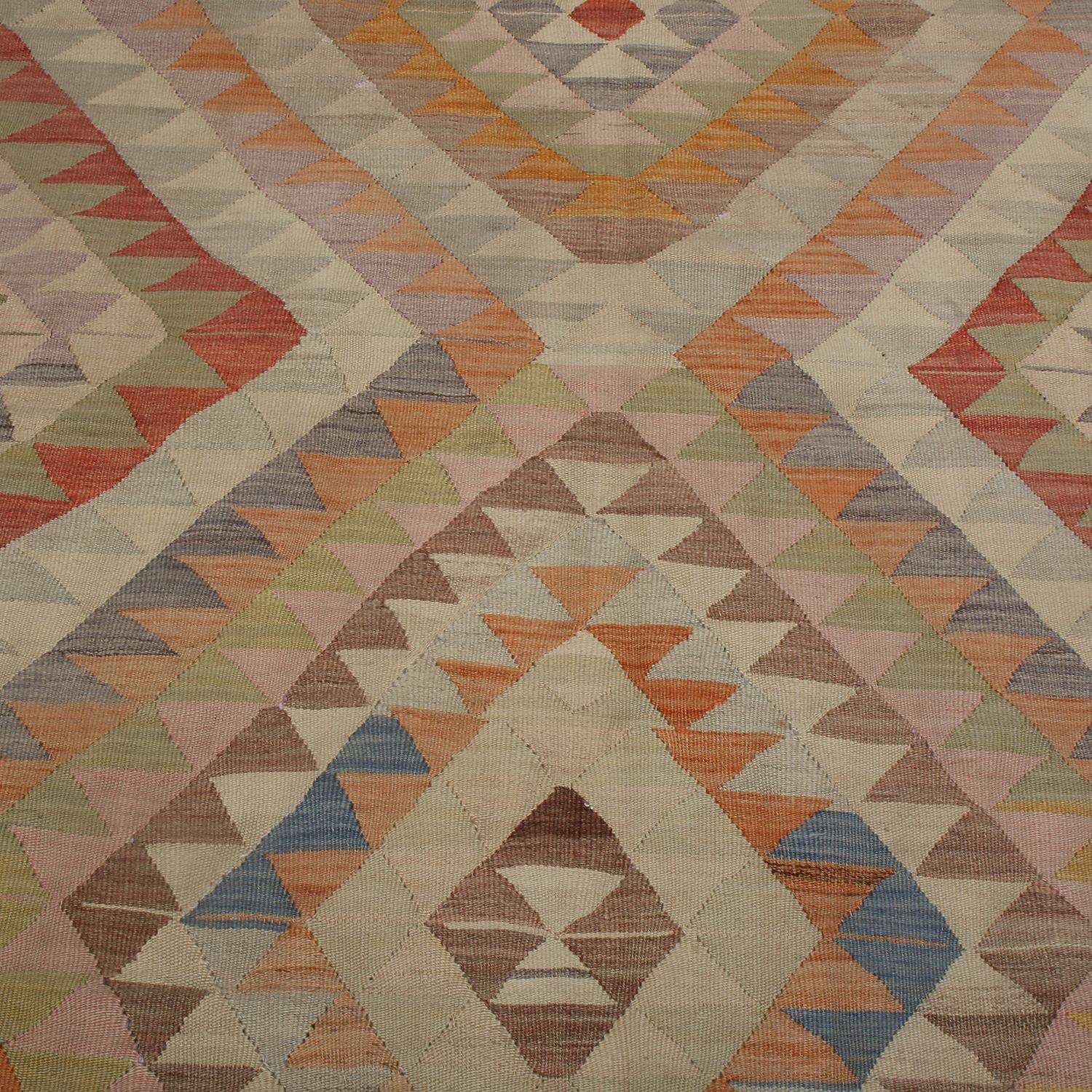 Hand-Woven Vintage Midcentury Afyon Cream-Pink and Blue Wool Kilim Rug, Multi-Color Accent