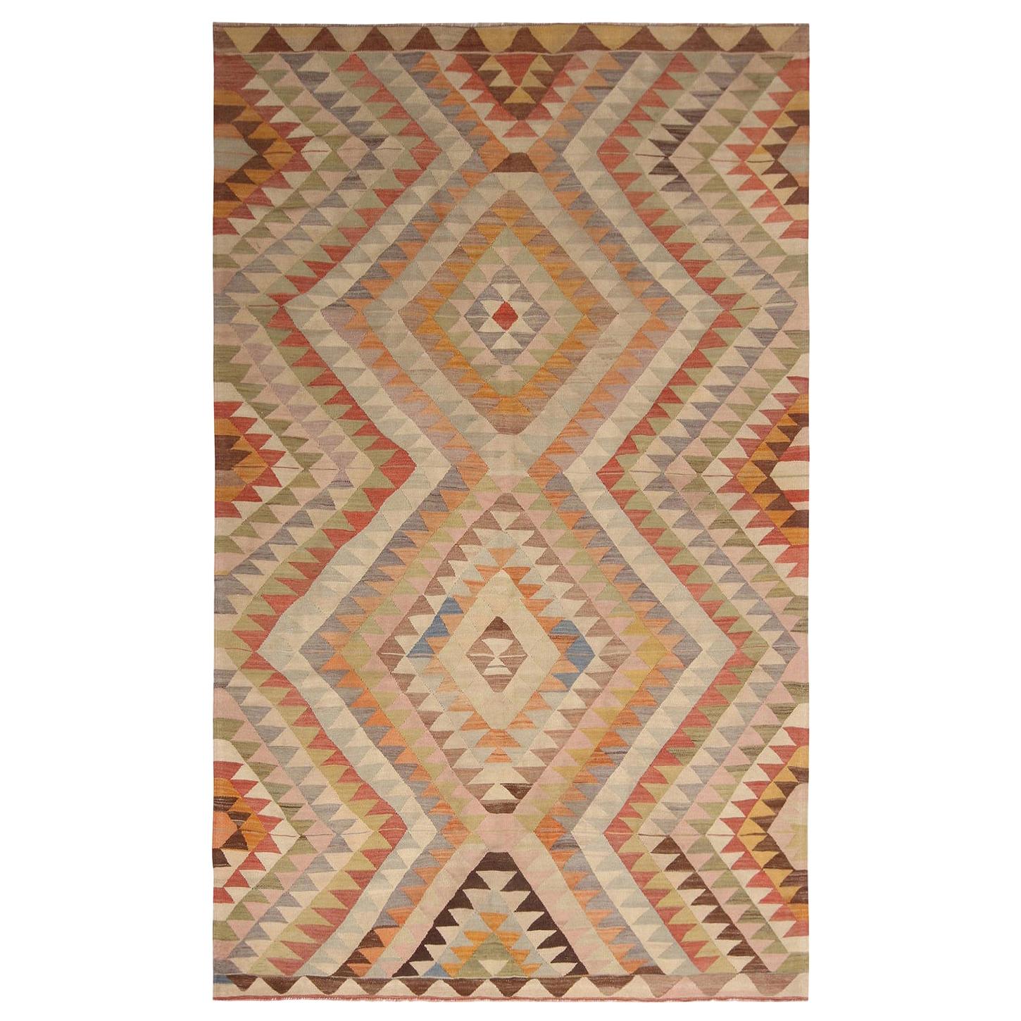 Vintage Midcentury Afyon Cream-Pink and Blue Wool Kilim Rug, Multi-Color Accent