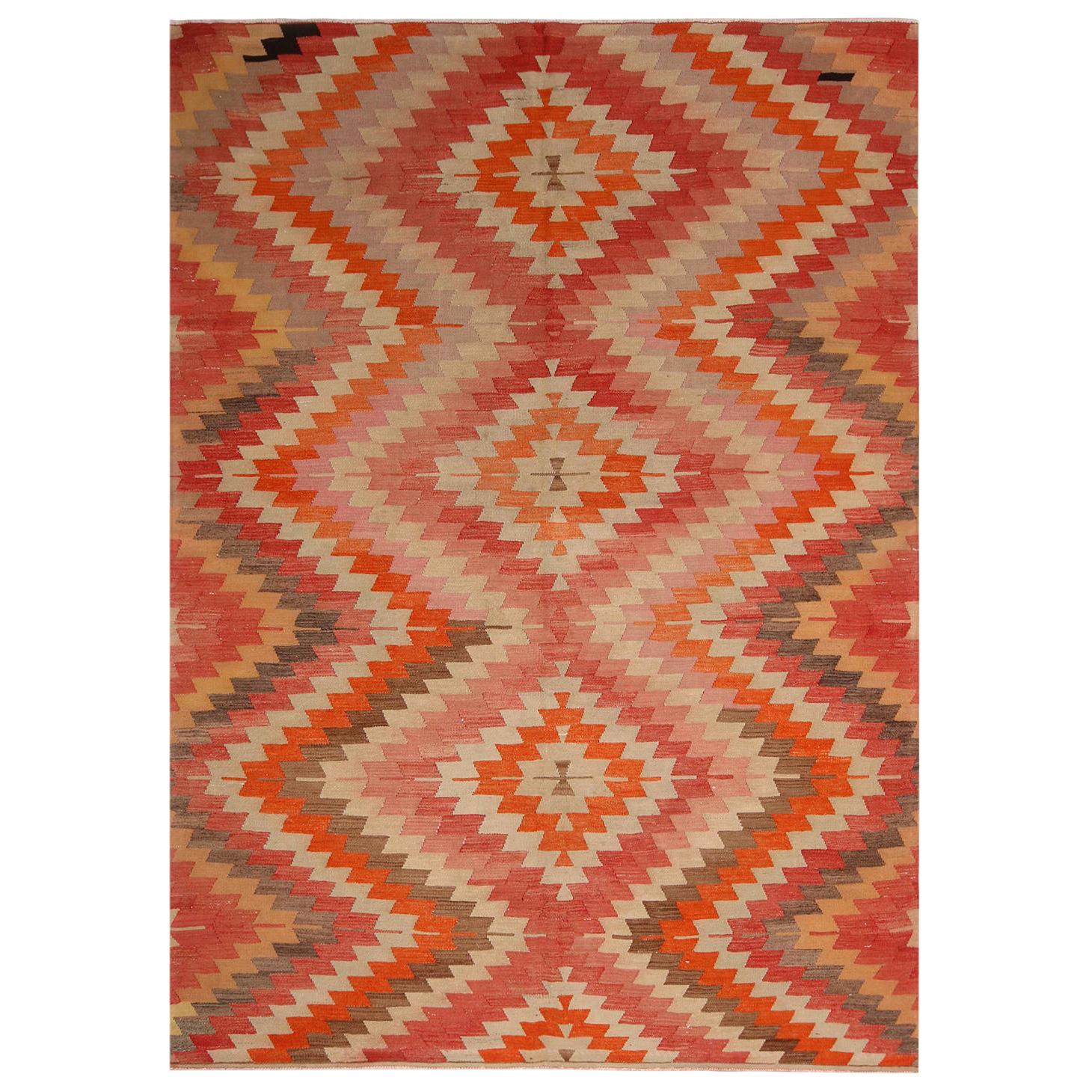 Vintage Midcentury Afyon Geometric Multi-Color Wool Kilim Rug